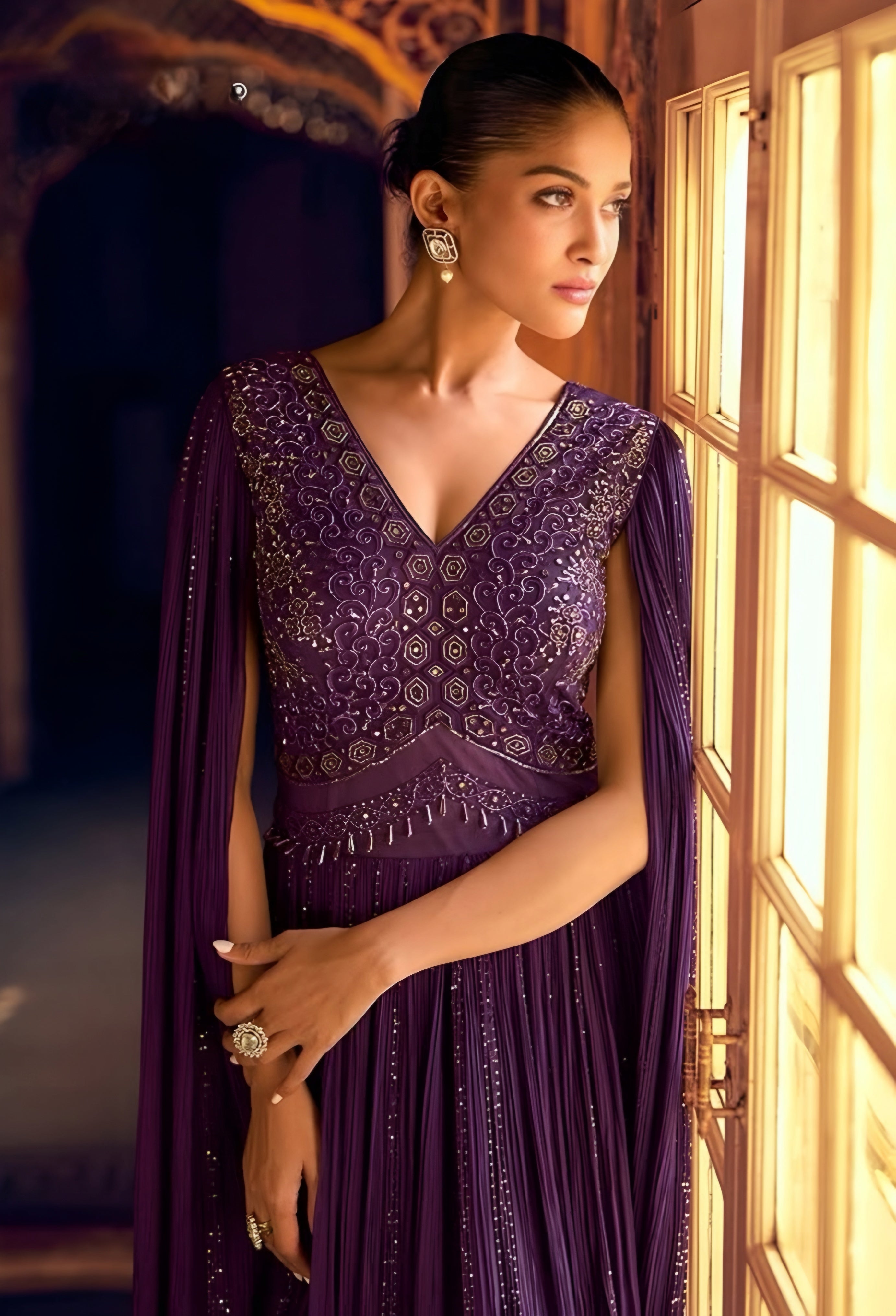 Embroidered Georgette Purple Designer Gown