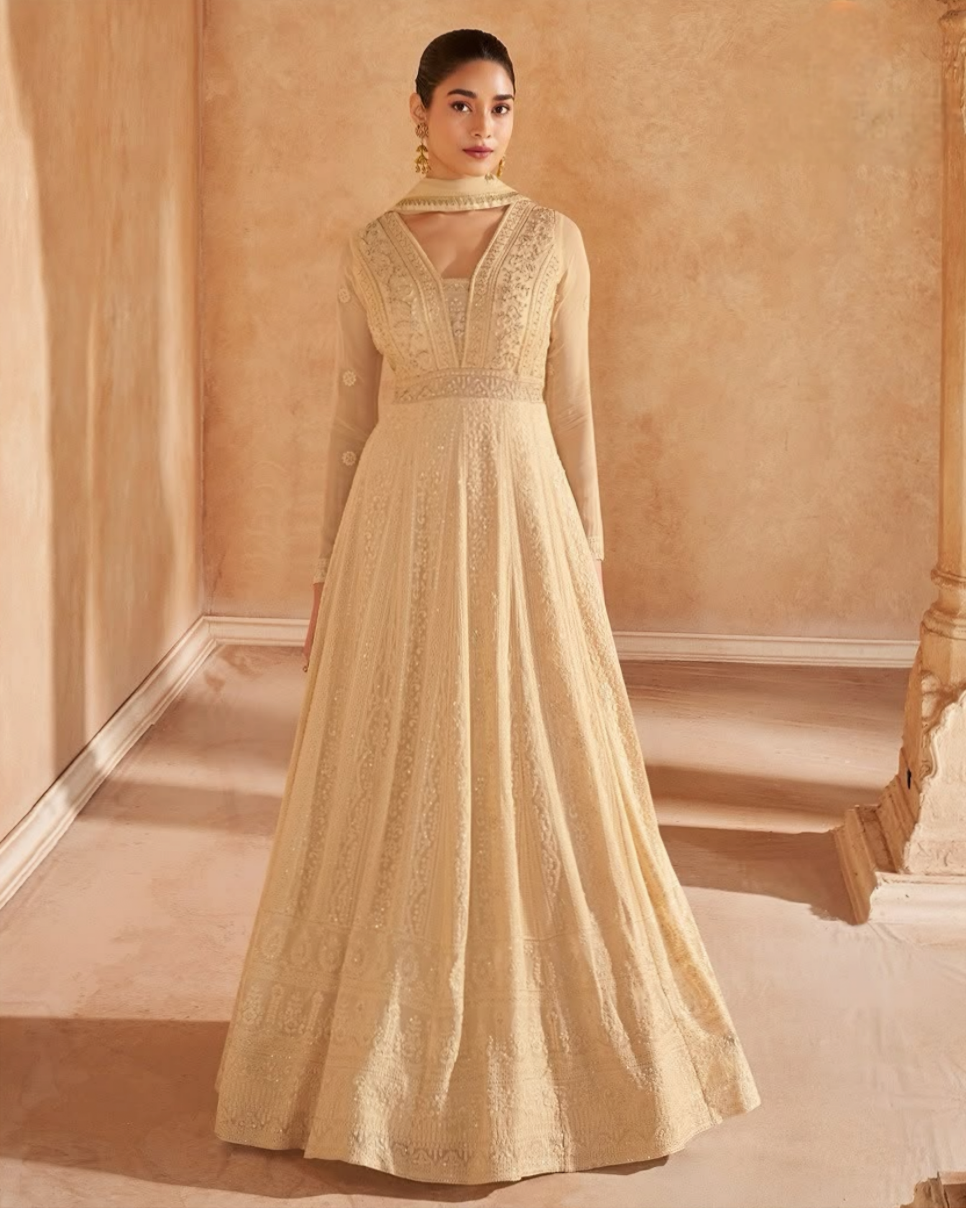Beige Georgette Embroidered Anarkali Gown
