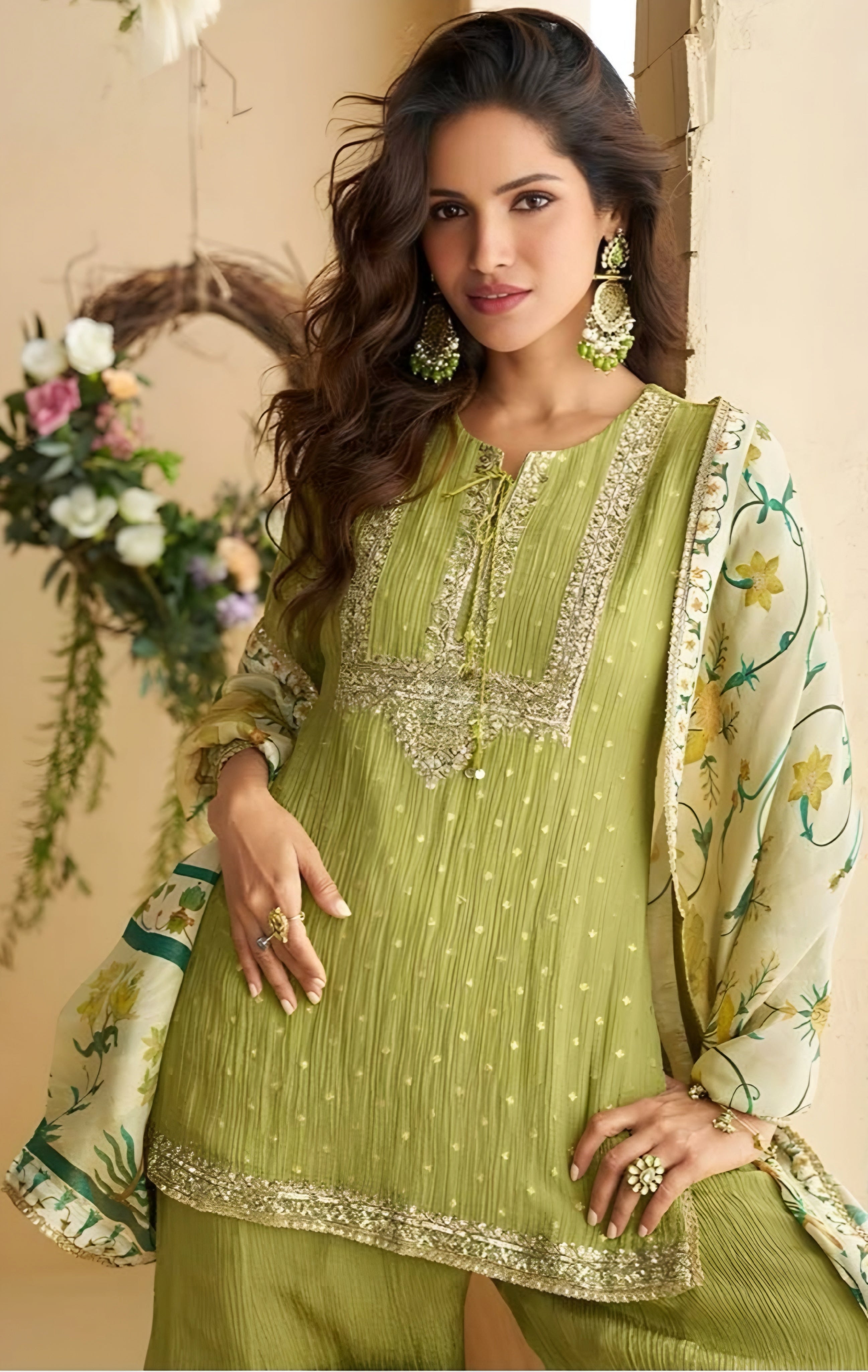 Olive Green Chinon Silk Palazzo Suits