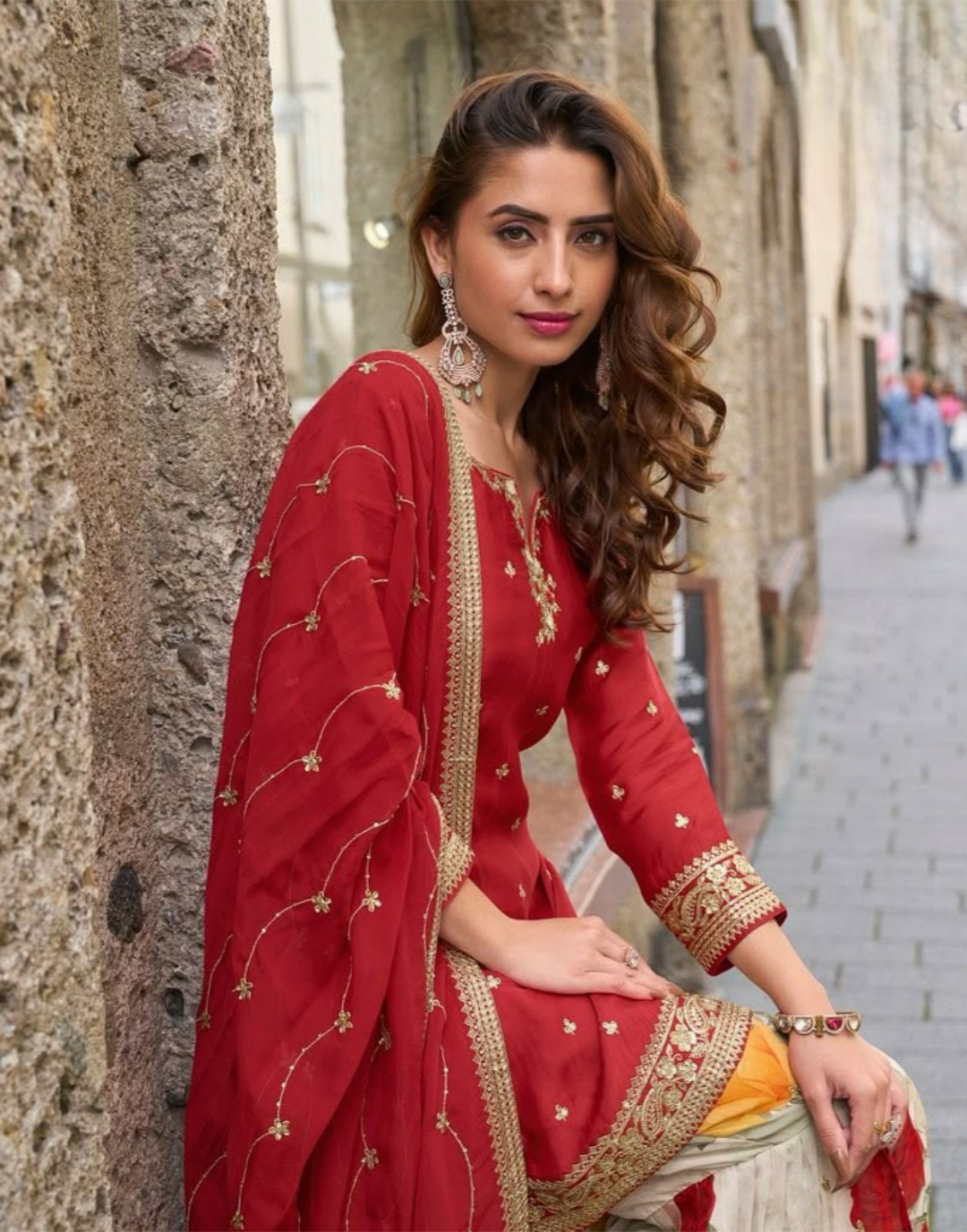 Real Chinon Floral Digital Print Salwar Suits Red