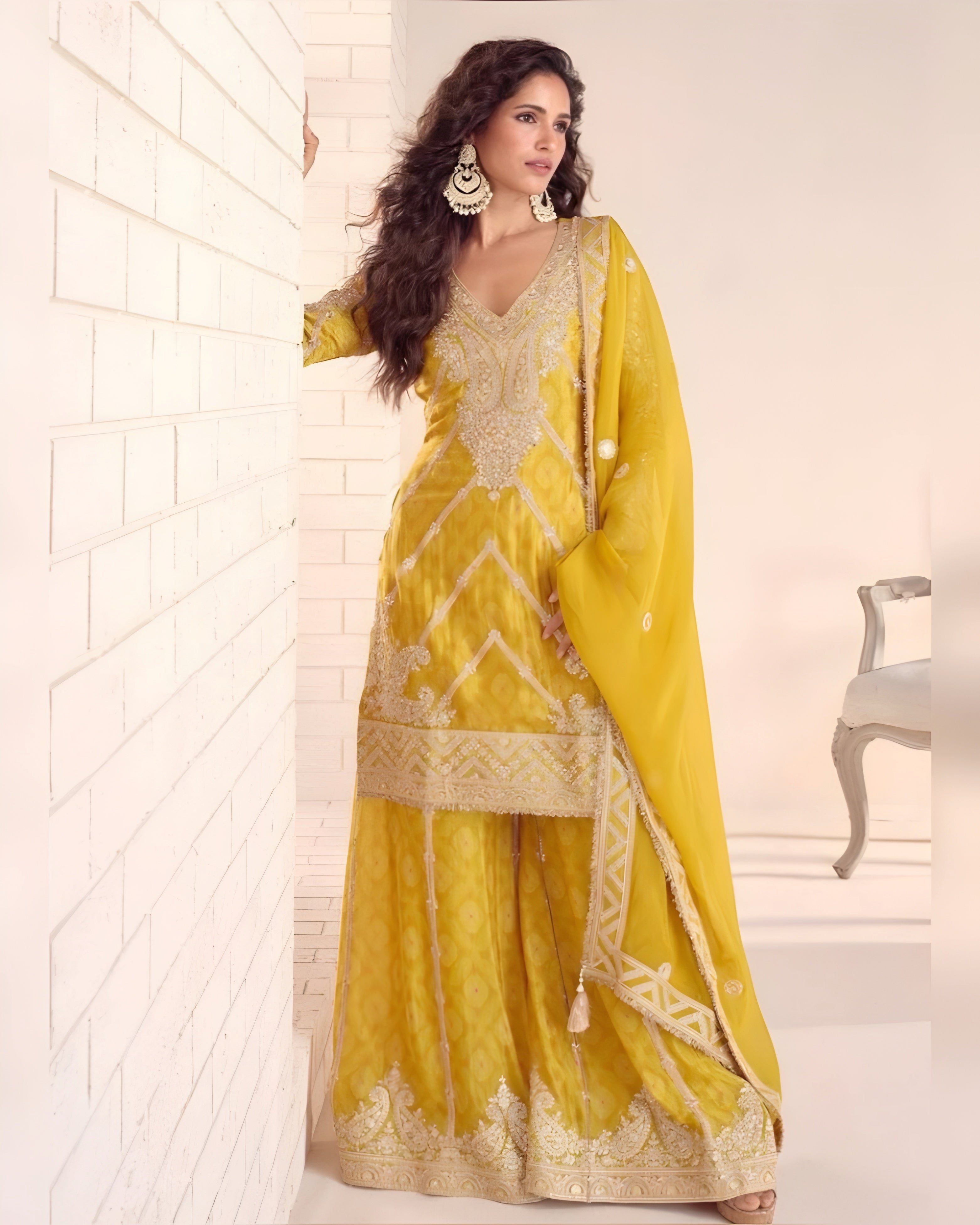 Bright Yellow Embroidered Salwar Suit with Sharara & Dupatta
