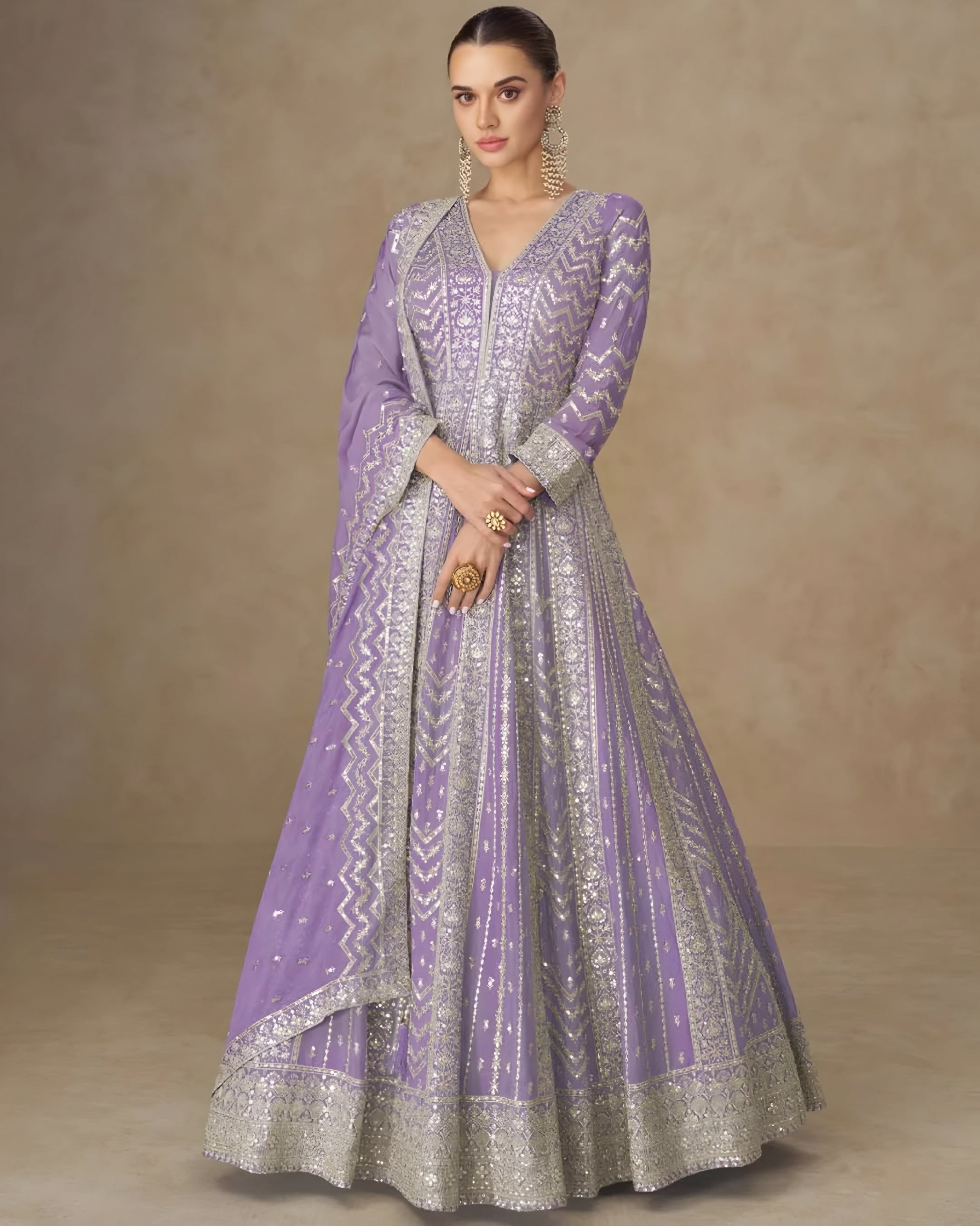Premium Chinon Silk Embroidered Designer Anarkali Gown Lavender