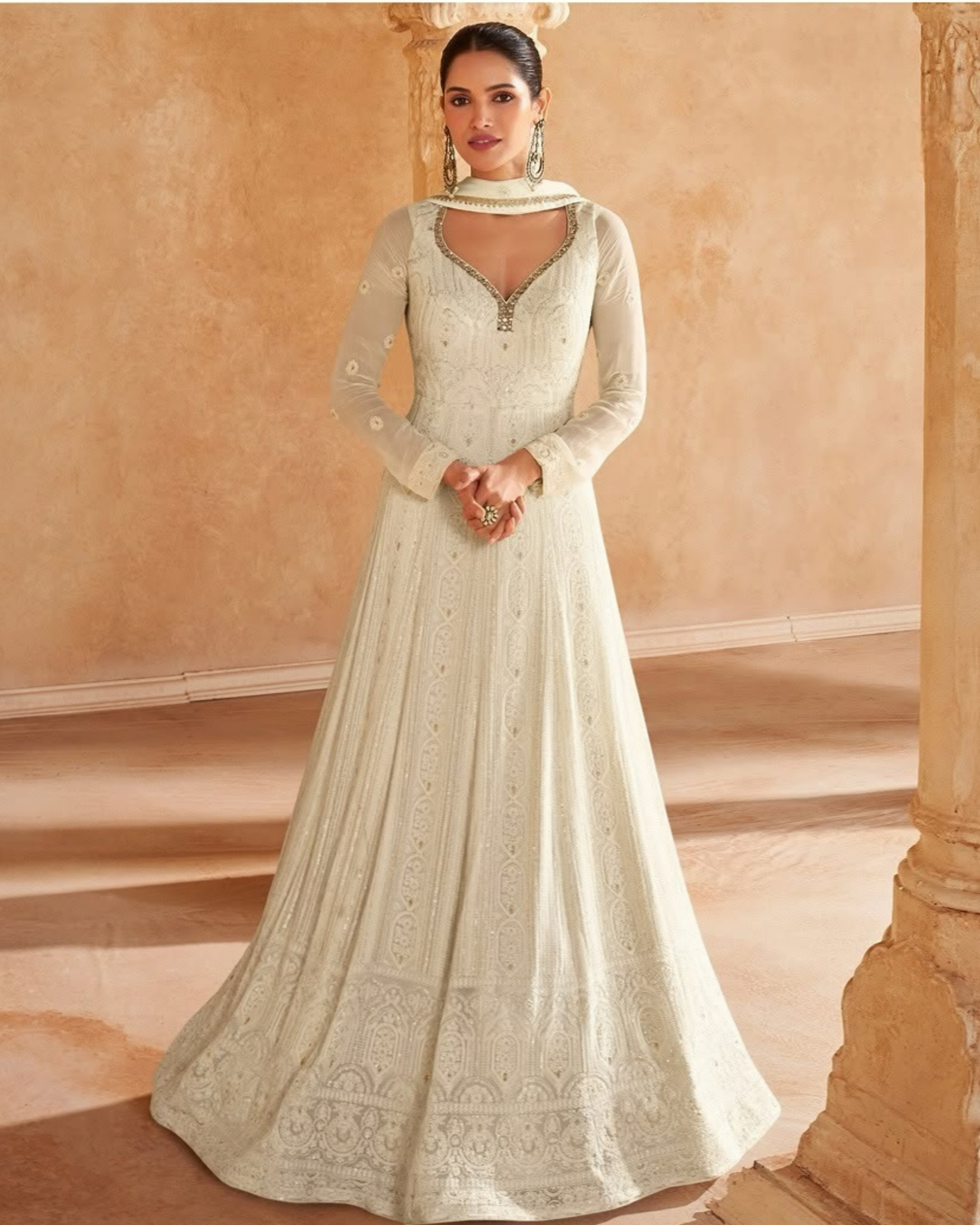 Ivory Georgette Embroidered Anarkali Gown