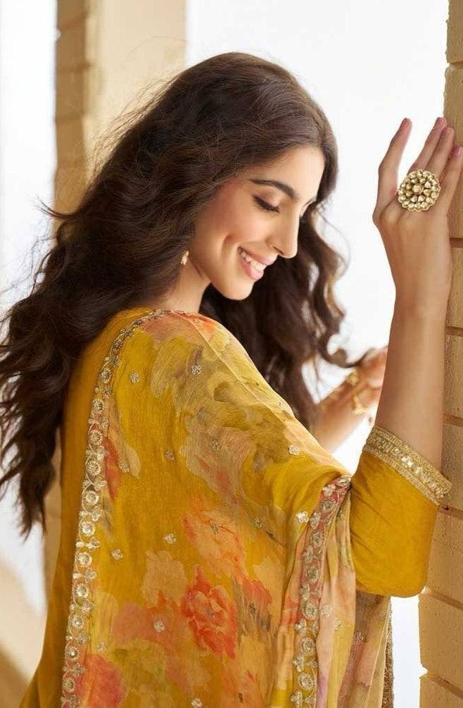 Yellow  Chinon Silk Palazzo Suits