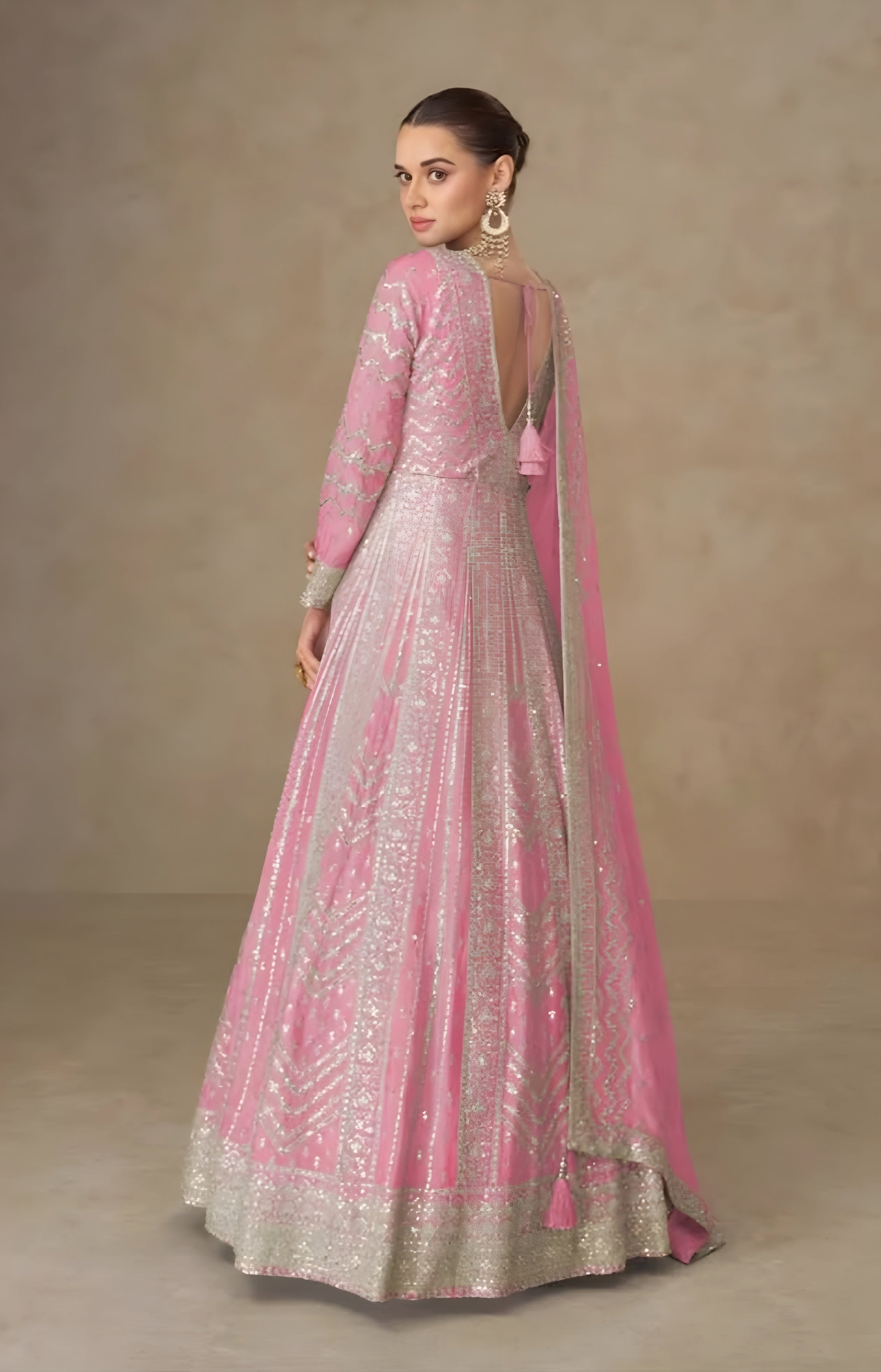 Premium Chinon Silk Embroidered Designer Anarkali Gown Pink