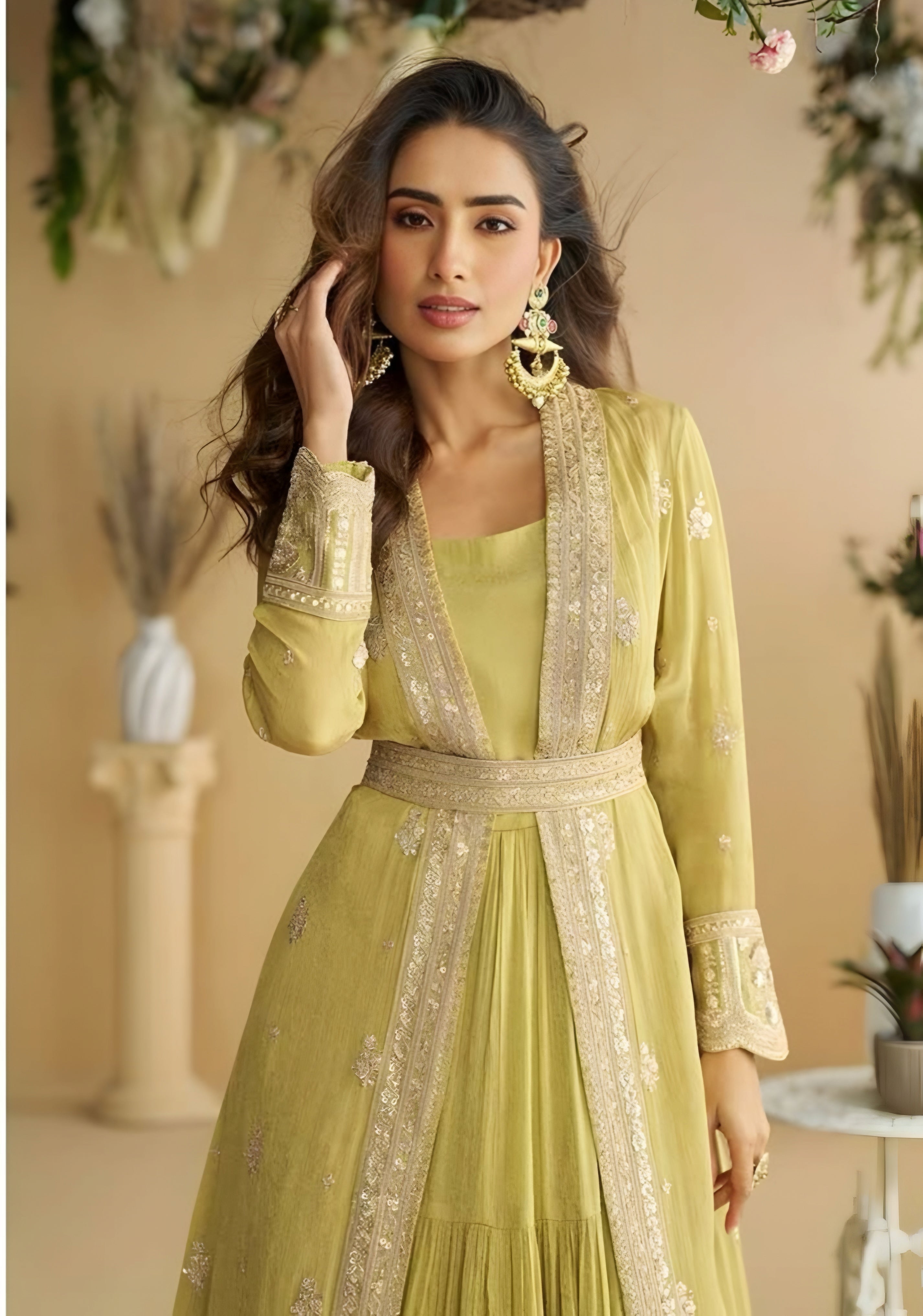 Elegant Olive Green Chinon Silk Embroidered Indo western Gown with Shrug