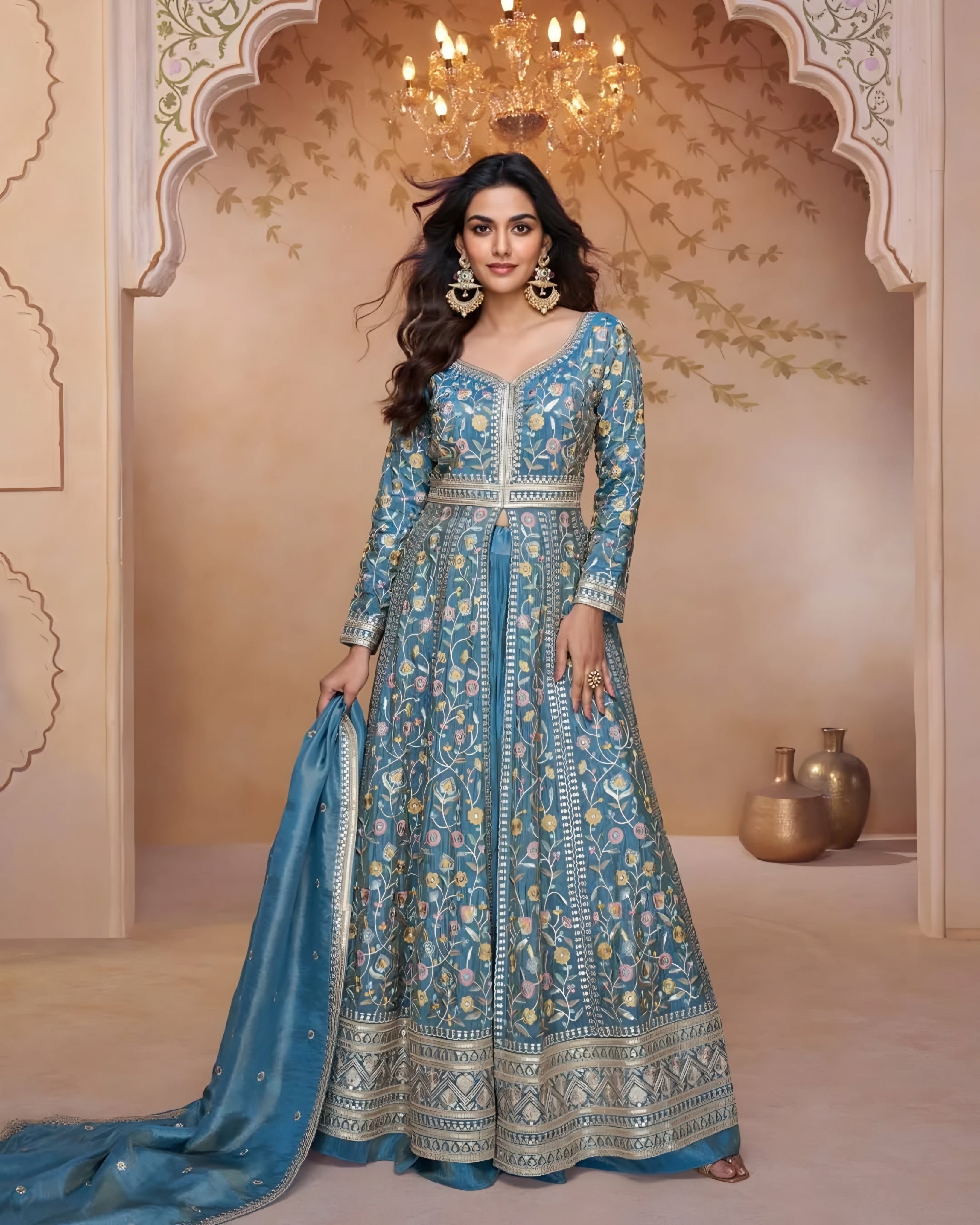 Premium Shimmer Silk Embroidered Designer Anarkali Gown Blue