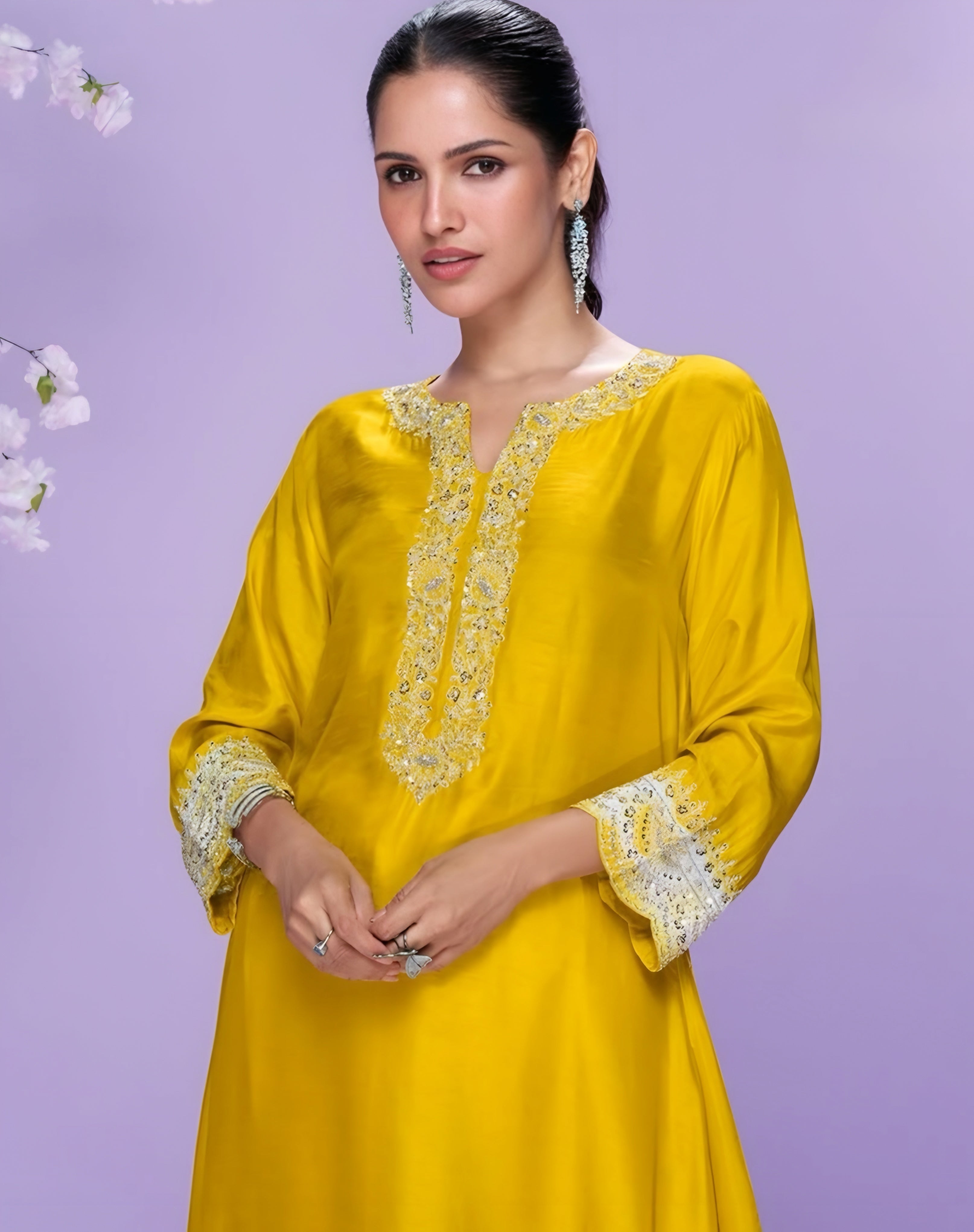 Premium Yellow Silk Kurti Suit with Intricate Embroidery