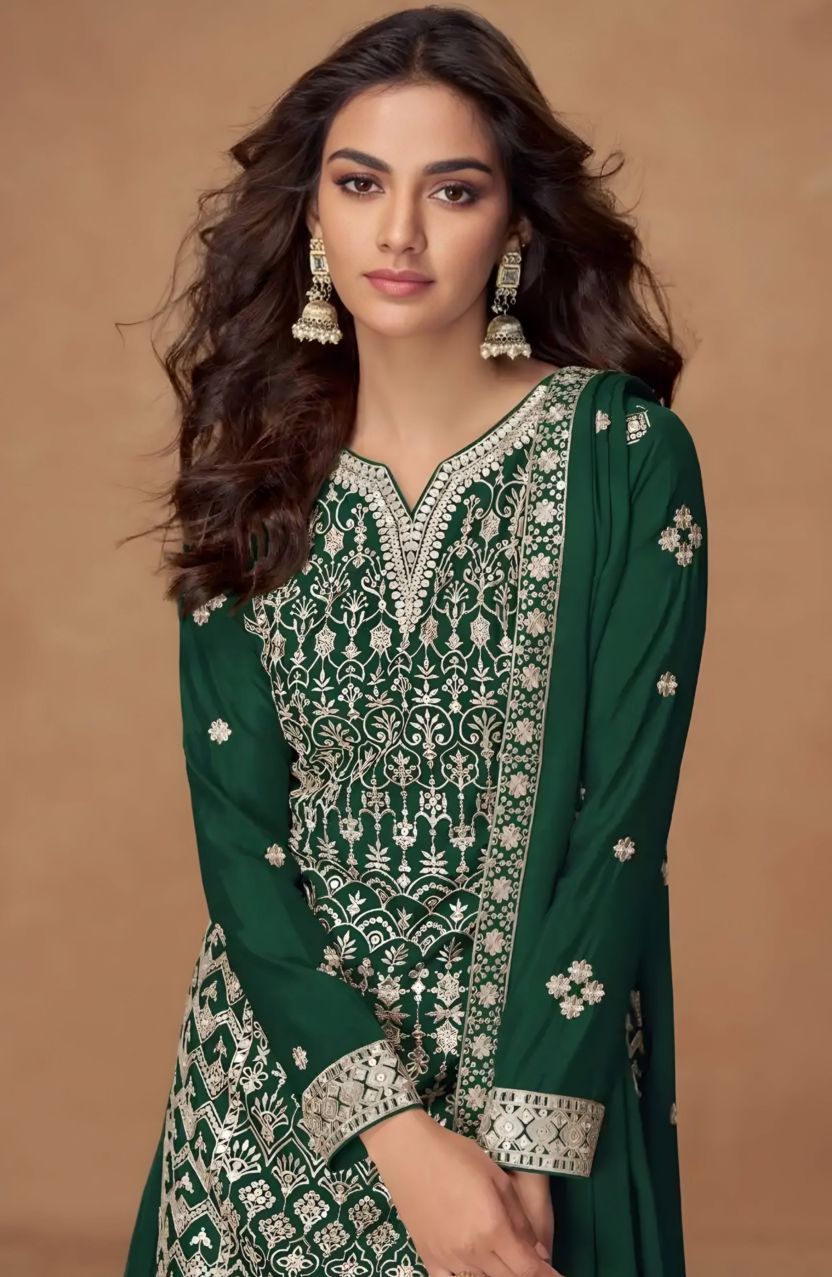 Embroidered Chinon Silk Palazzo Suits Green