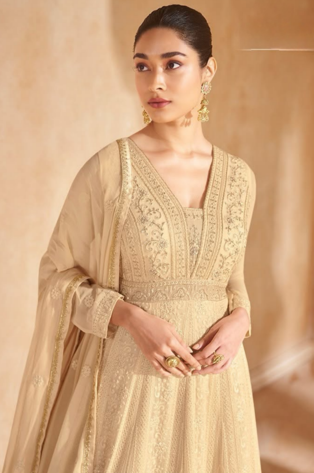 Beige Georgette Embroidered Anarkali Gown