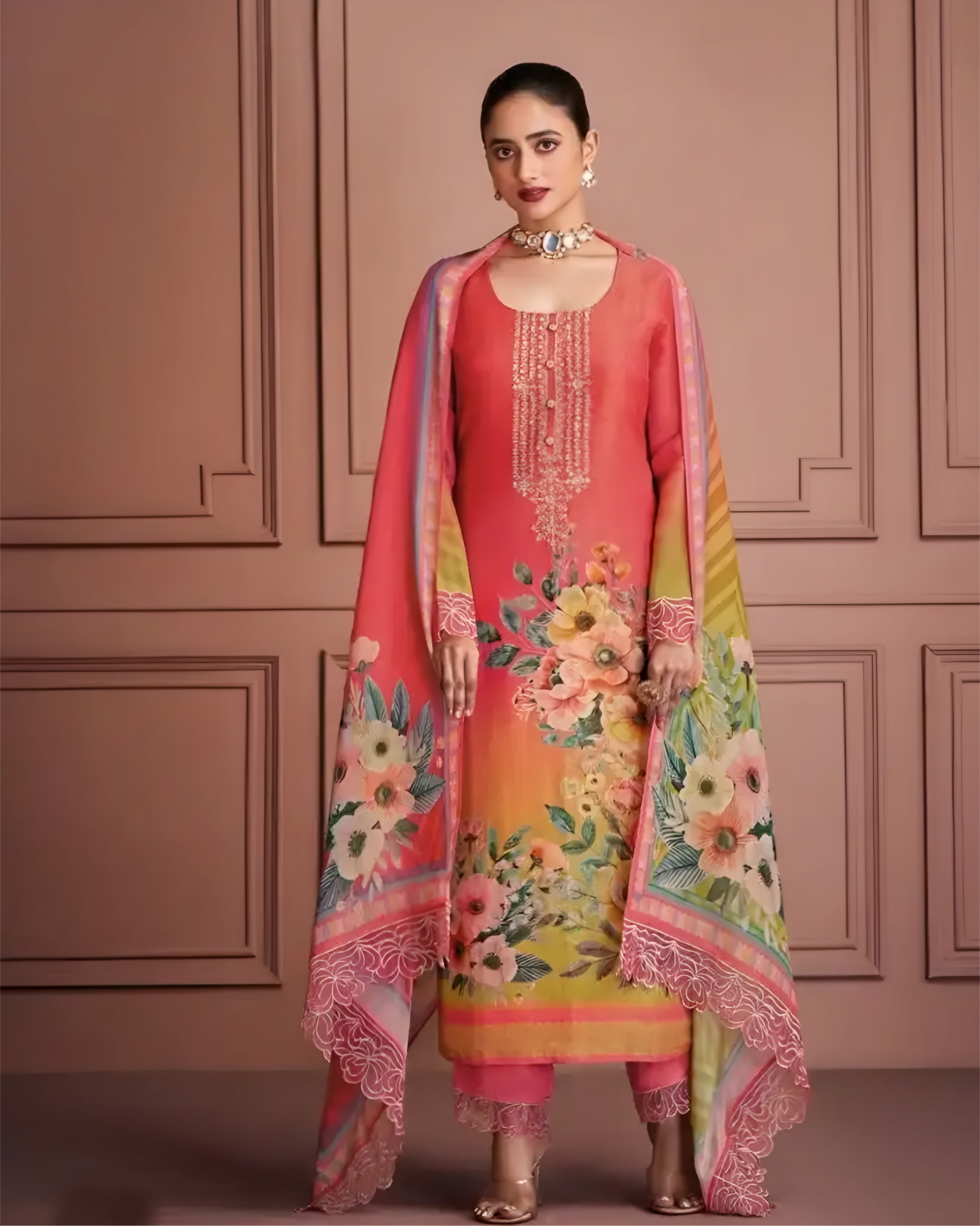 Coral & Yellow Floral Muslin Salwar  Suit with Zari Embroidery and Scalloped Dupatta