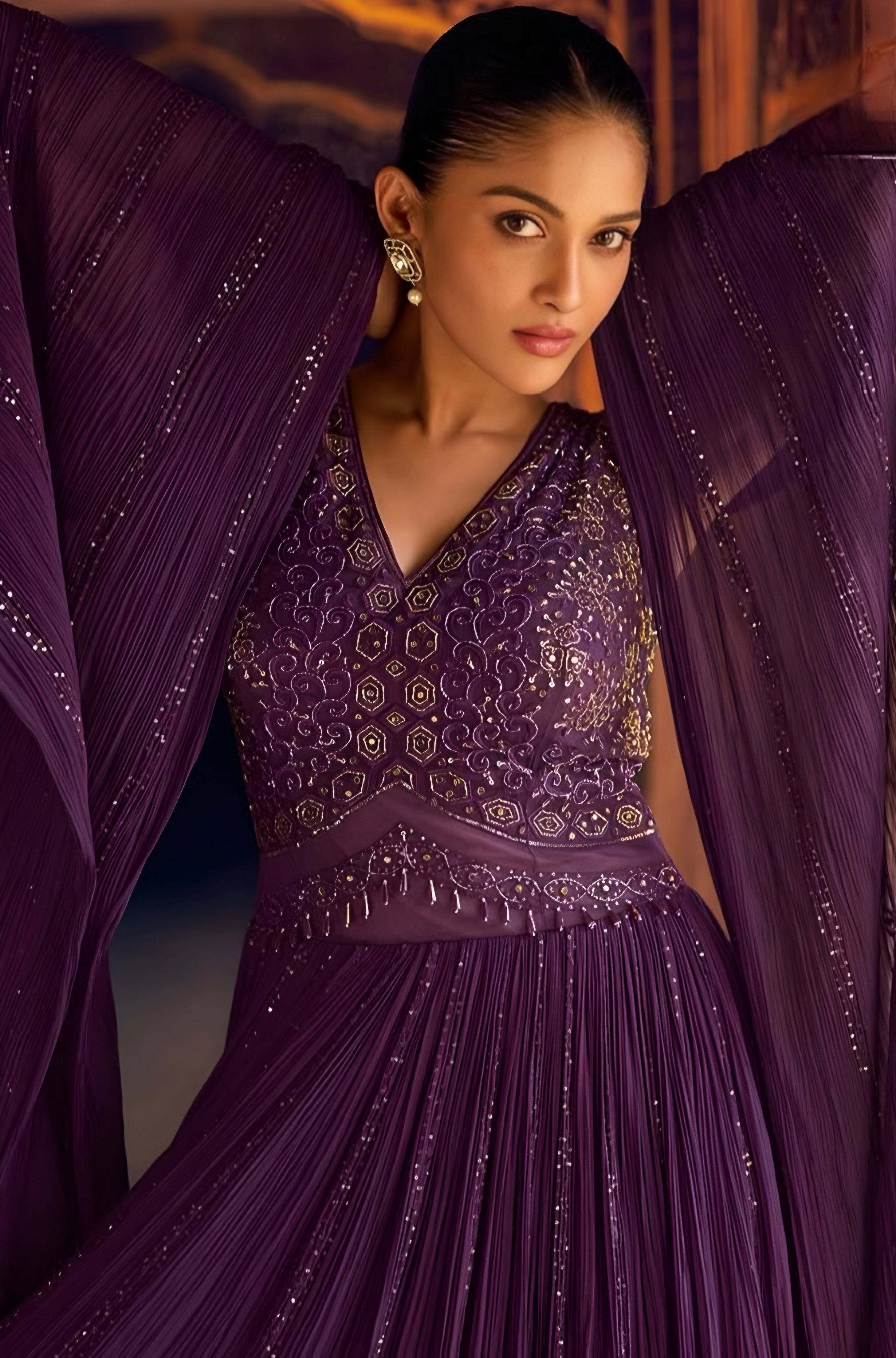 Embroidered Georgette Purple Designer Gown