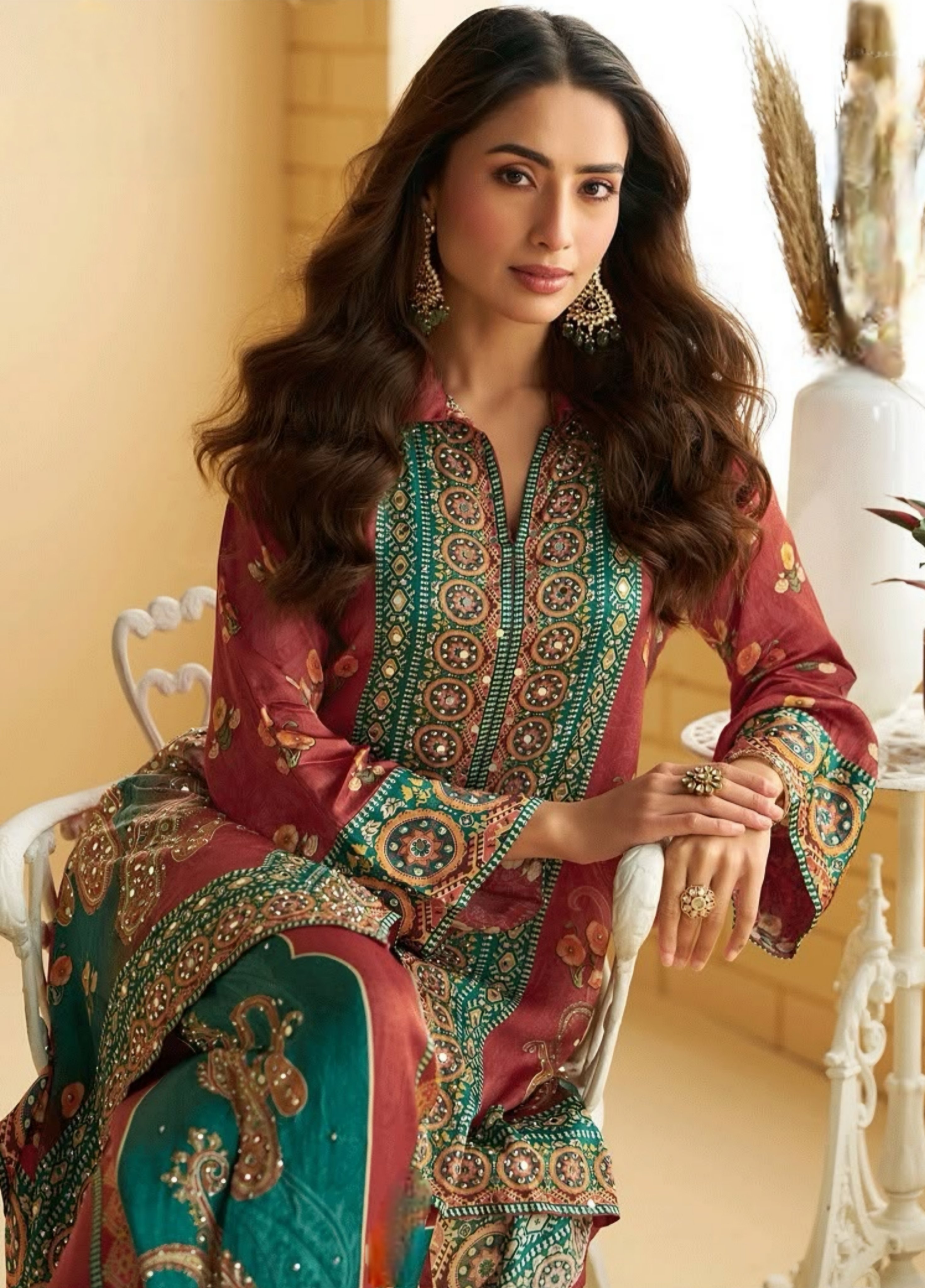 Premium Digital Crepe Silk Mirror Work Coord Set Salwar Suits