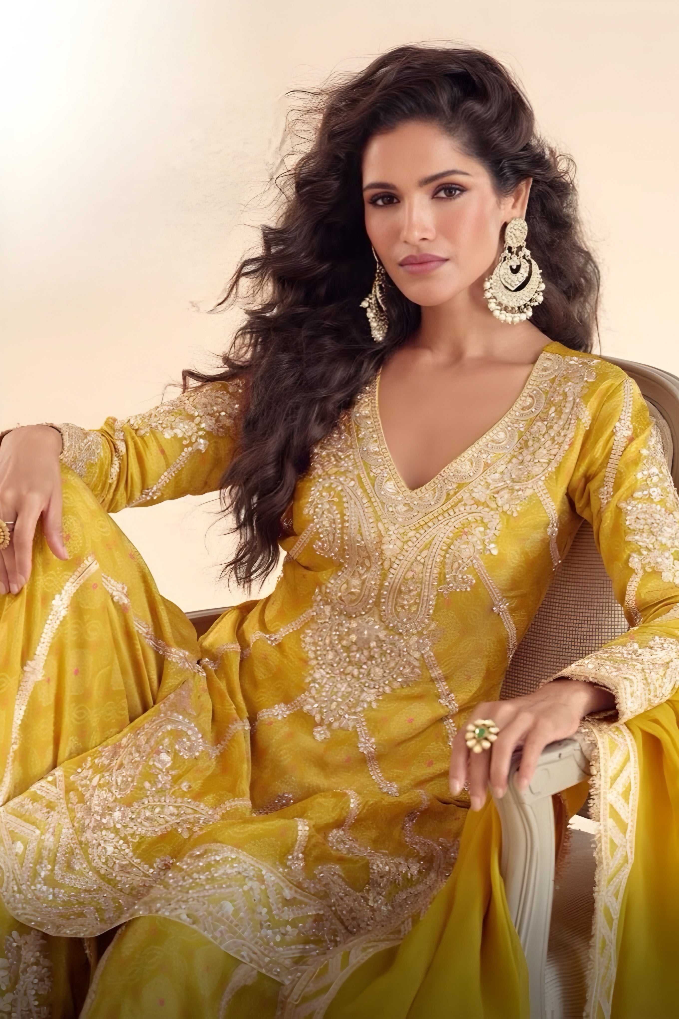 Bright Yellow Embroidered Salwar Suit with Sharara & Dupatta