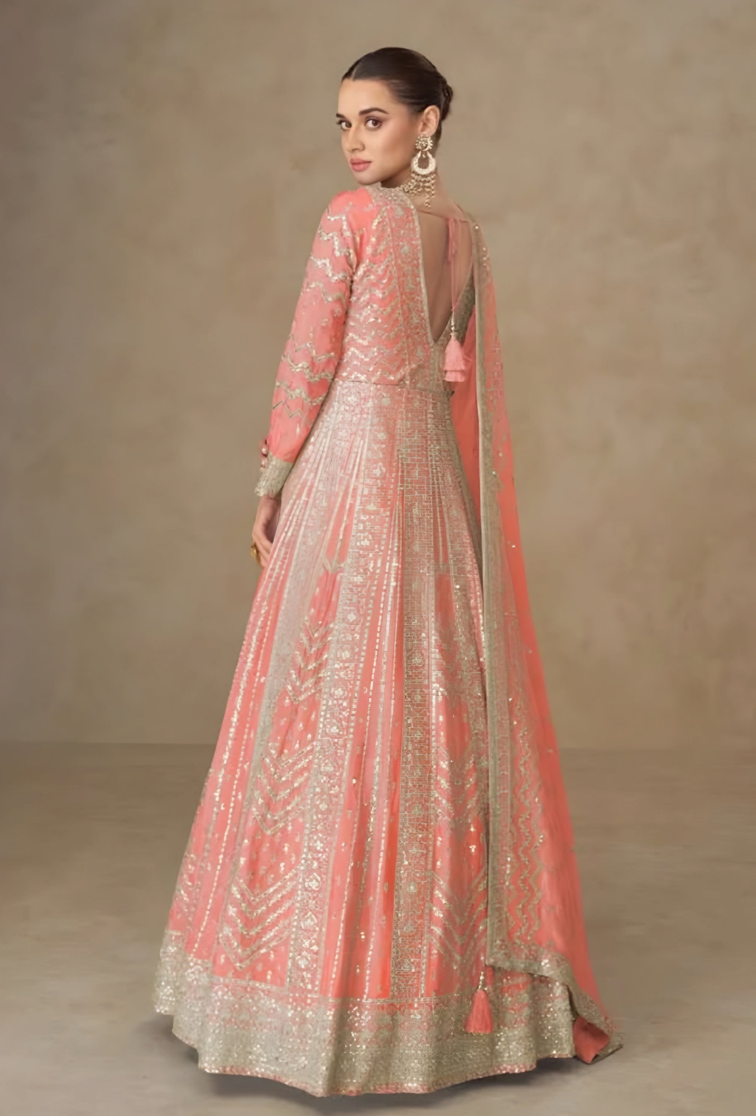 Premium Chinon Silk Embroidered Designer Anarkali Gown Peach