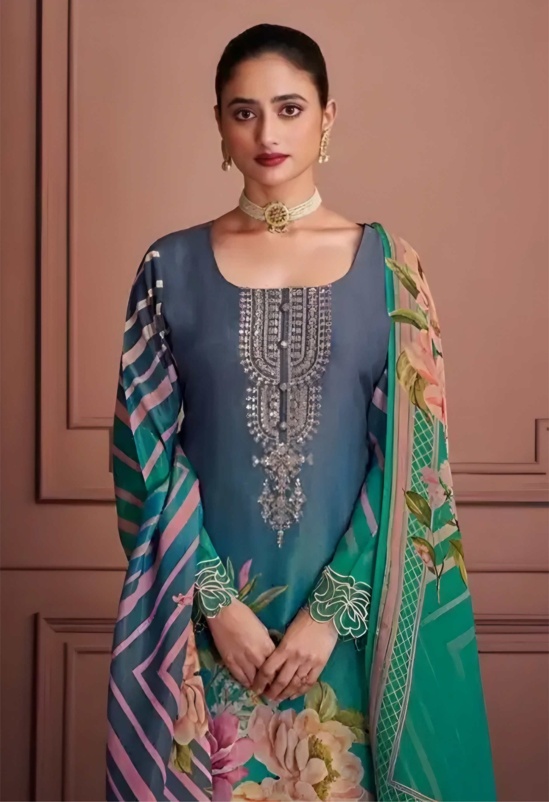 Teal Green & Denim Blue Muslin Suit with Zari Embroidery and Floral Digital Printed Dupatta