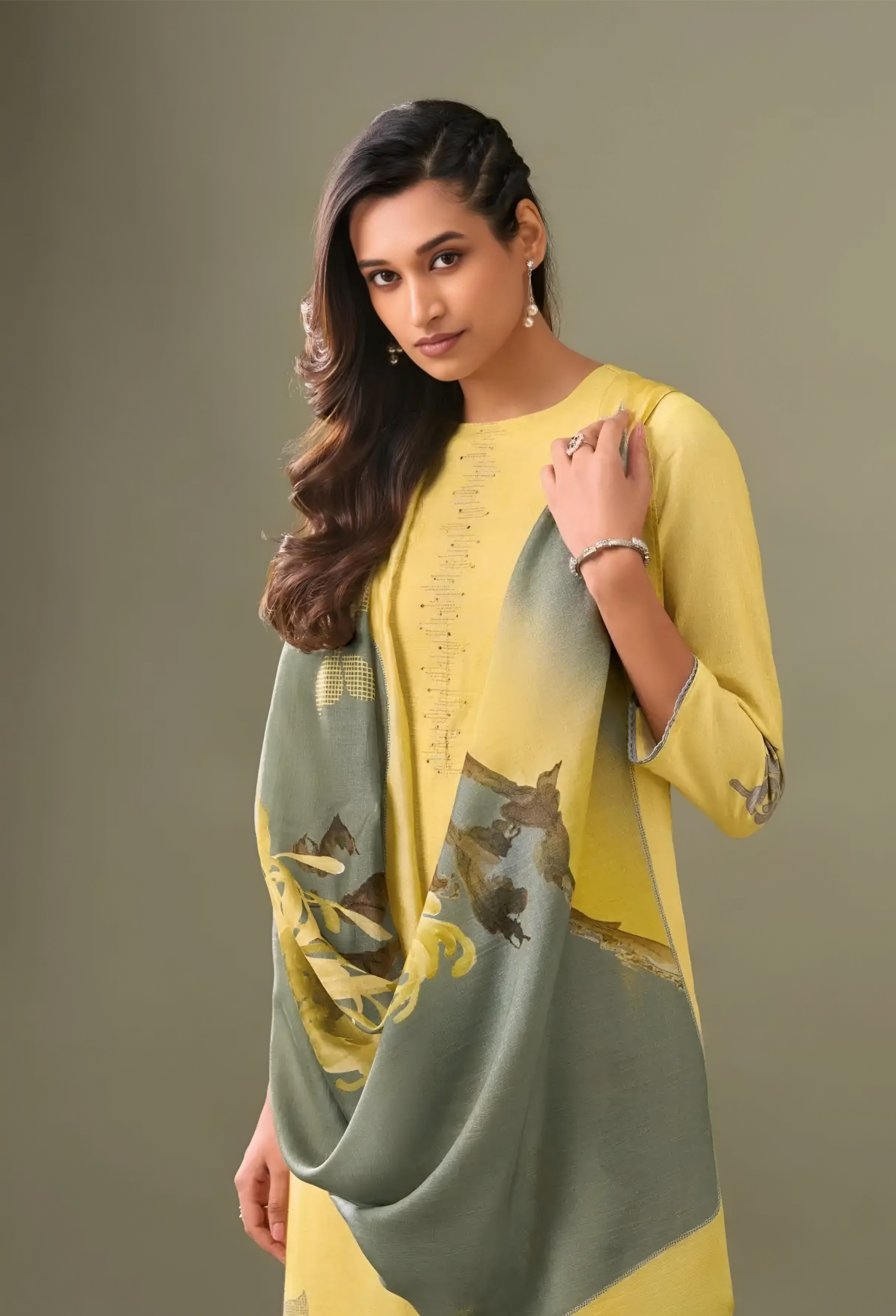 Vintage Linen Cotton Handworked Salwar Kameez with Pine Silk Dupatta Pastel Yellow