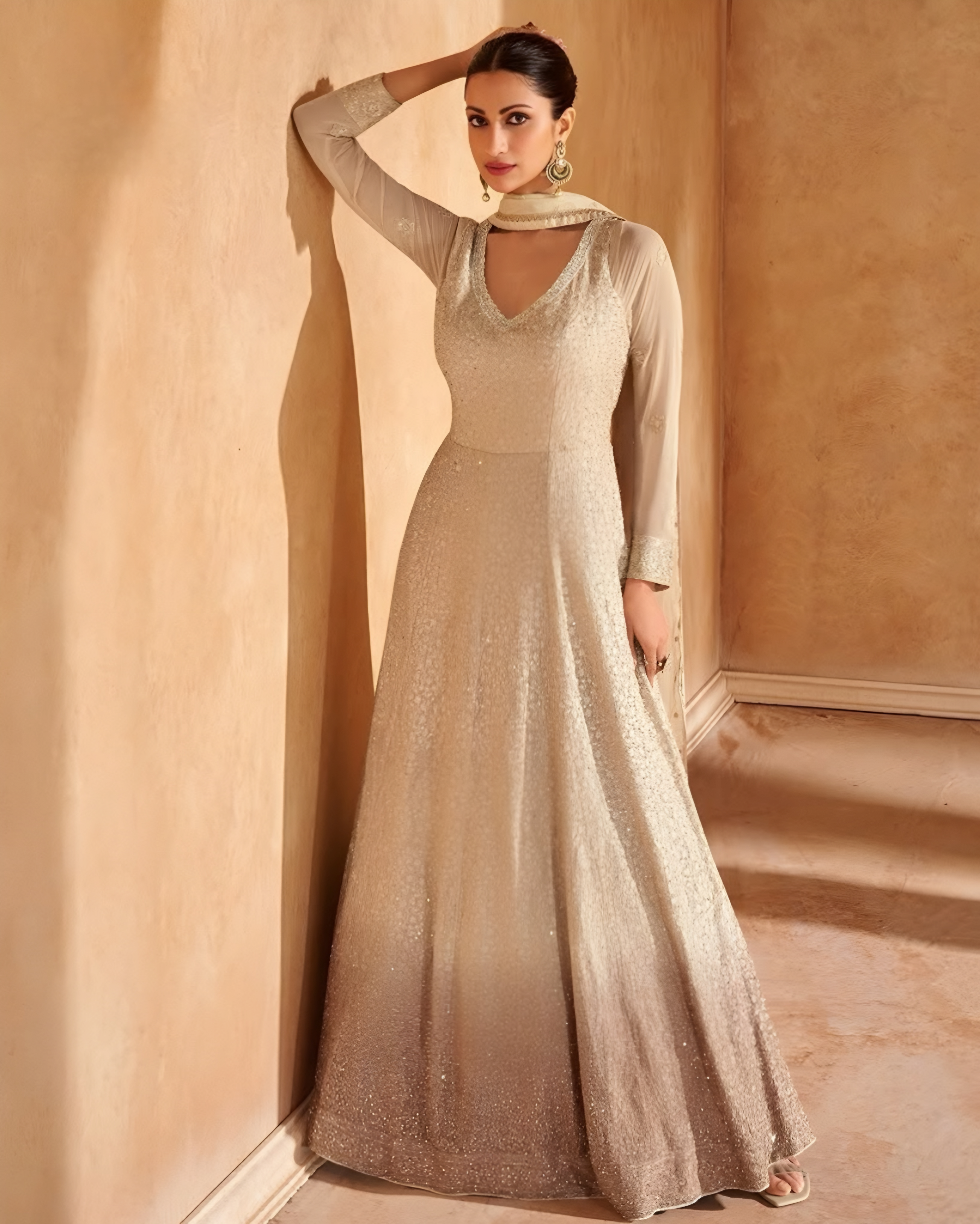 Champagne & Mocha Ombré Georgette Embroidered Gown