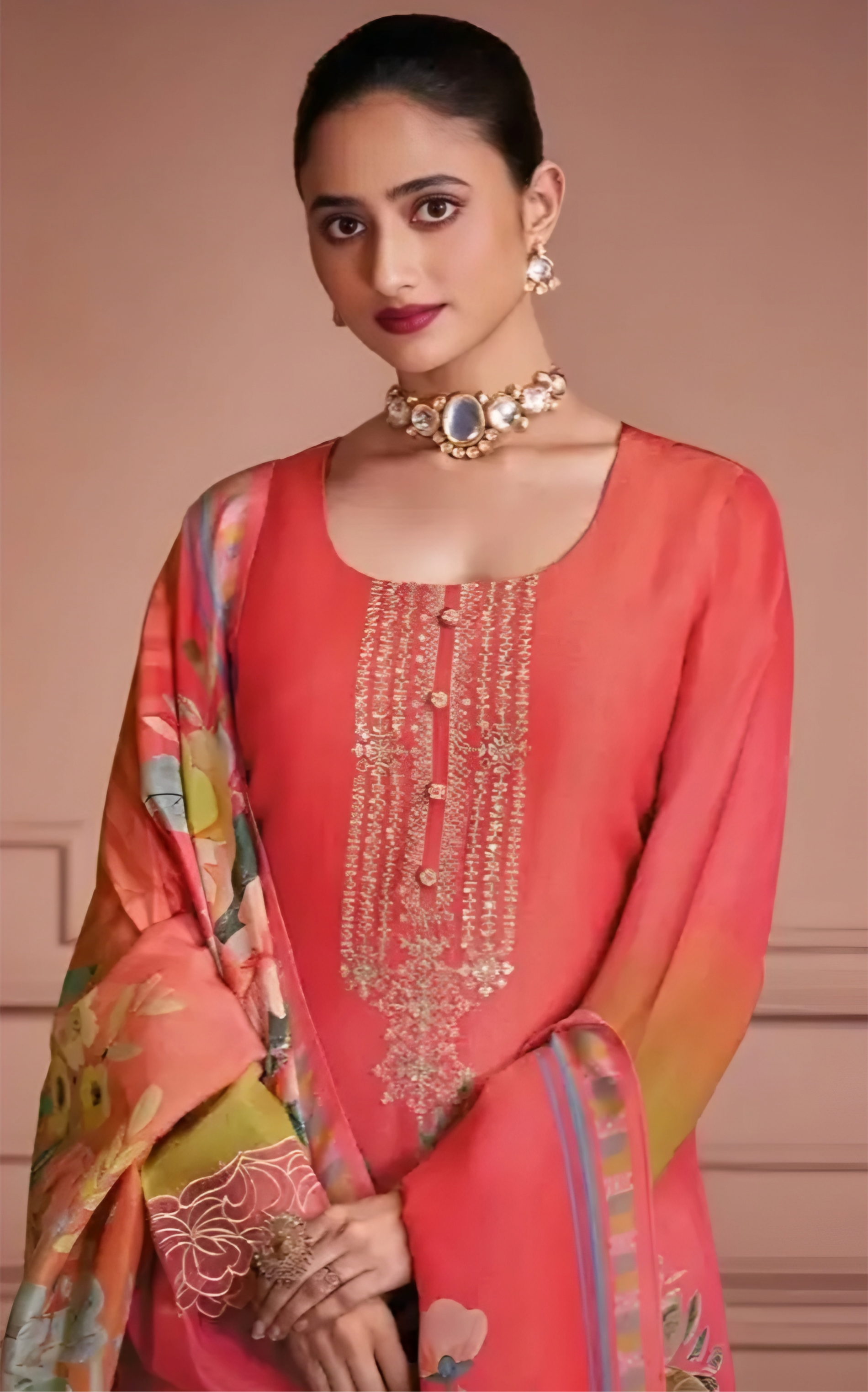 Coral & Yellow Floral Muslin Salwar  Suit with Zari Embroidery and Scalloped Dupatta