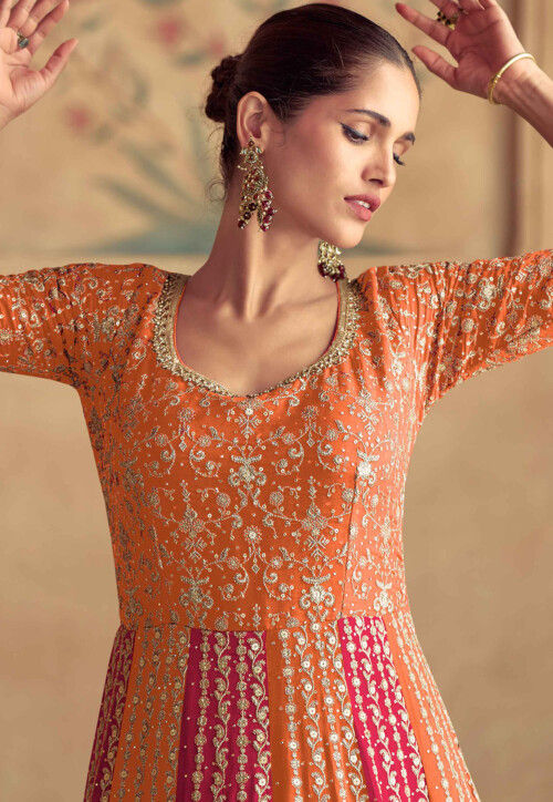 Orange & Red  Embroidered Silk Anarkali Gown with Dupatta – Festive Couture Collection