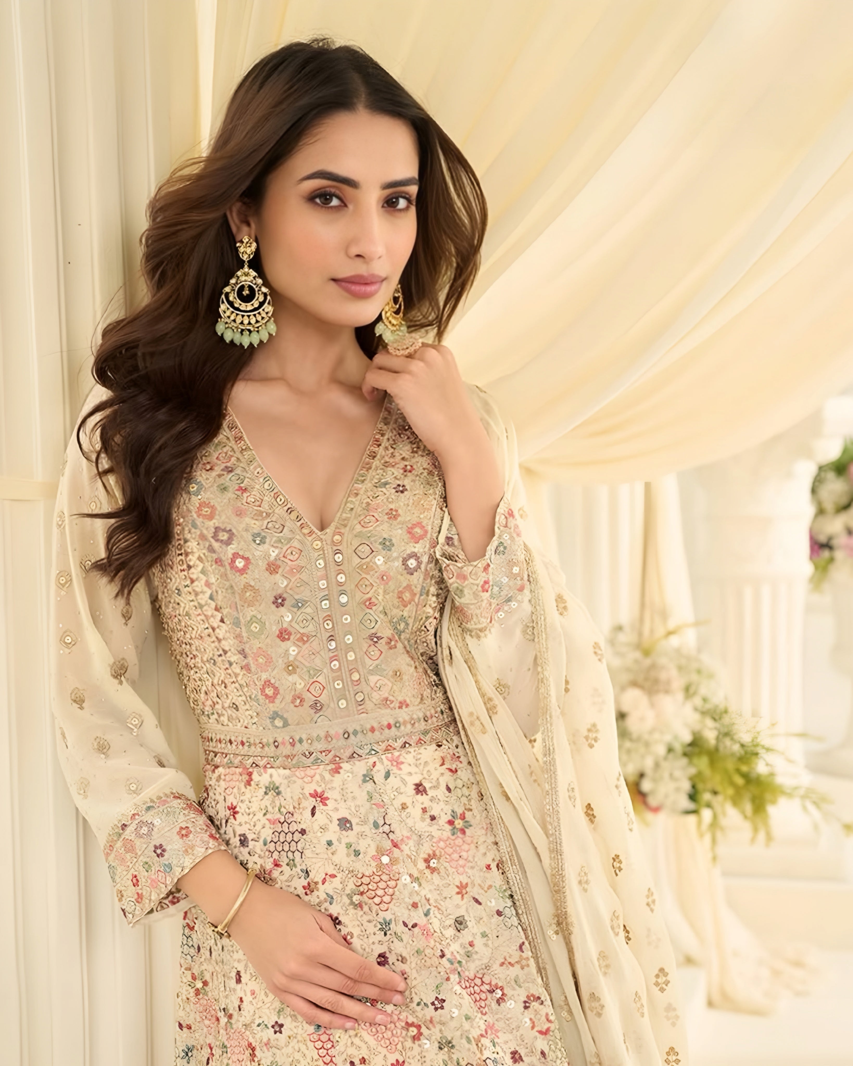 White Georgette Zarkan Embroidered Anarkali Gown with Dupatta