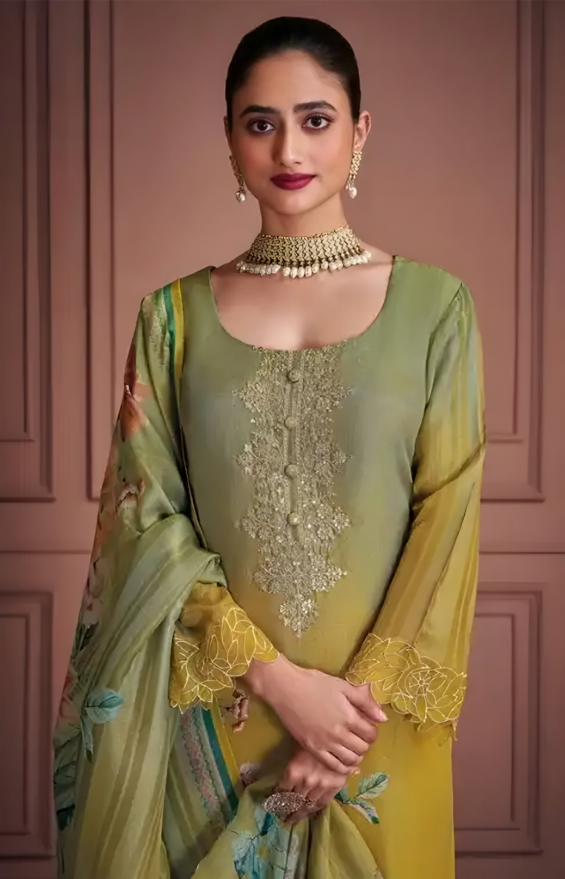 Olive Green & Mustard Yellow Floral Muslin Salwar Suit with Zari Embroidery and Digital Print Dupatta
