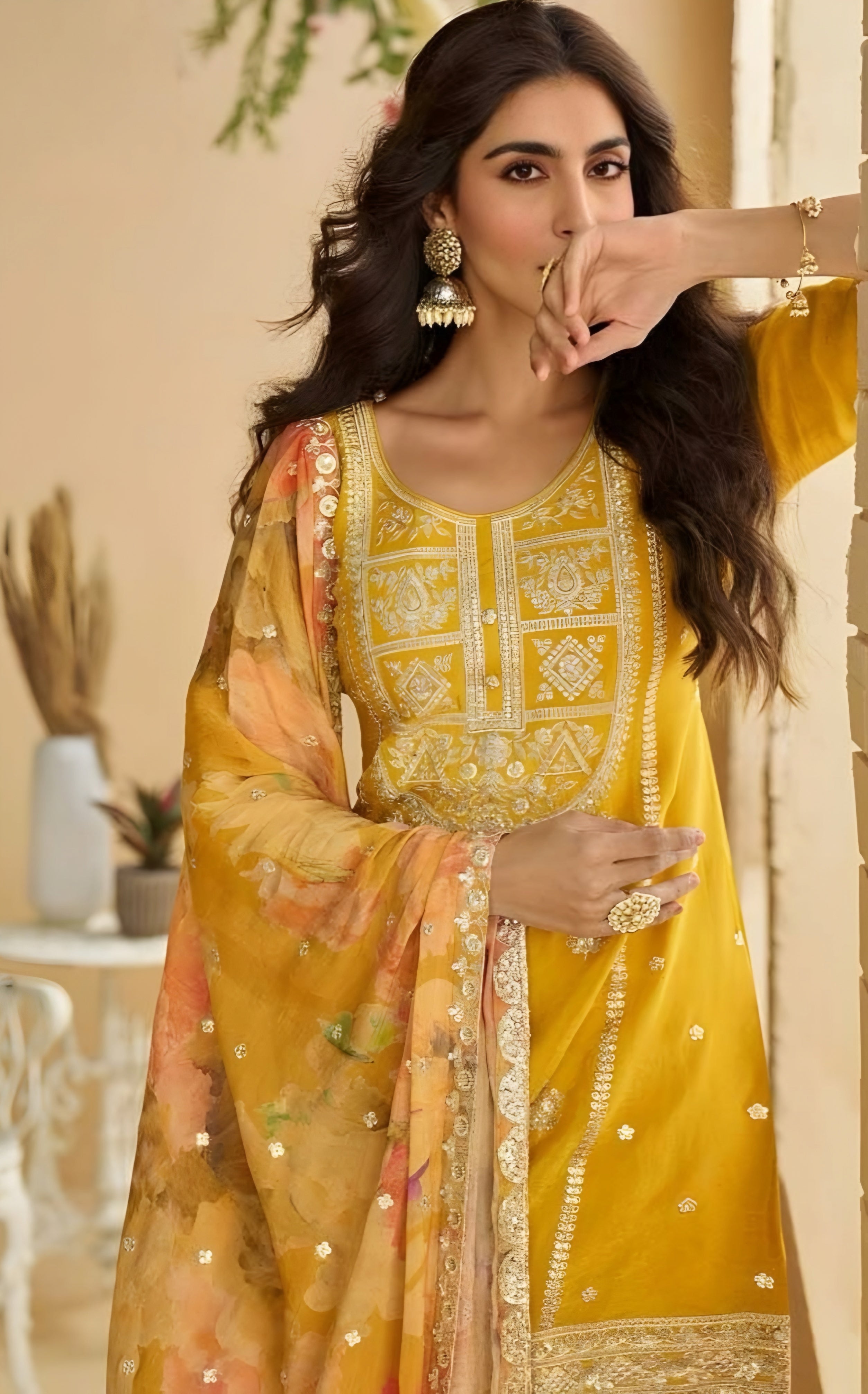 Yellow  Chinon Silk Palazzo Suits