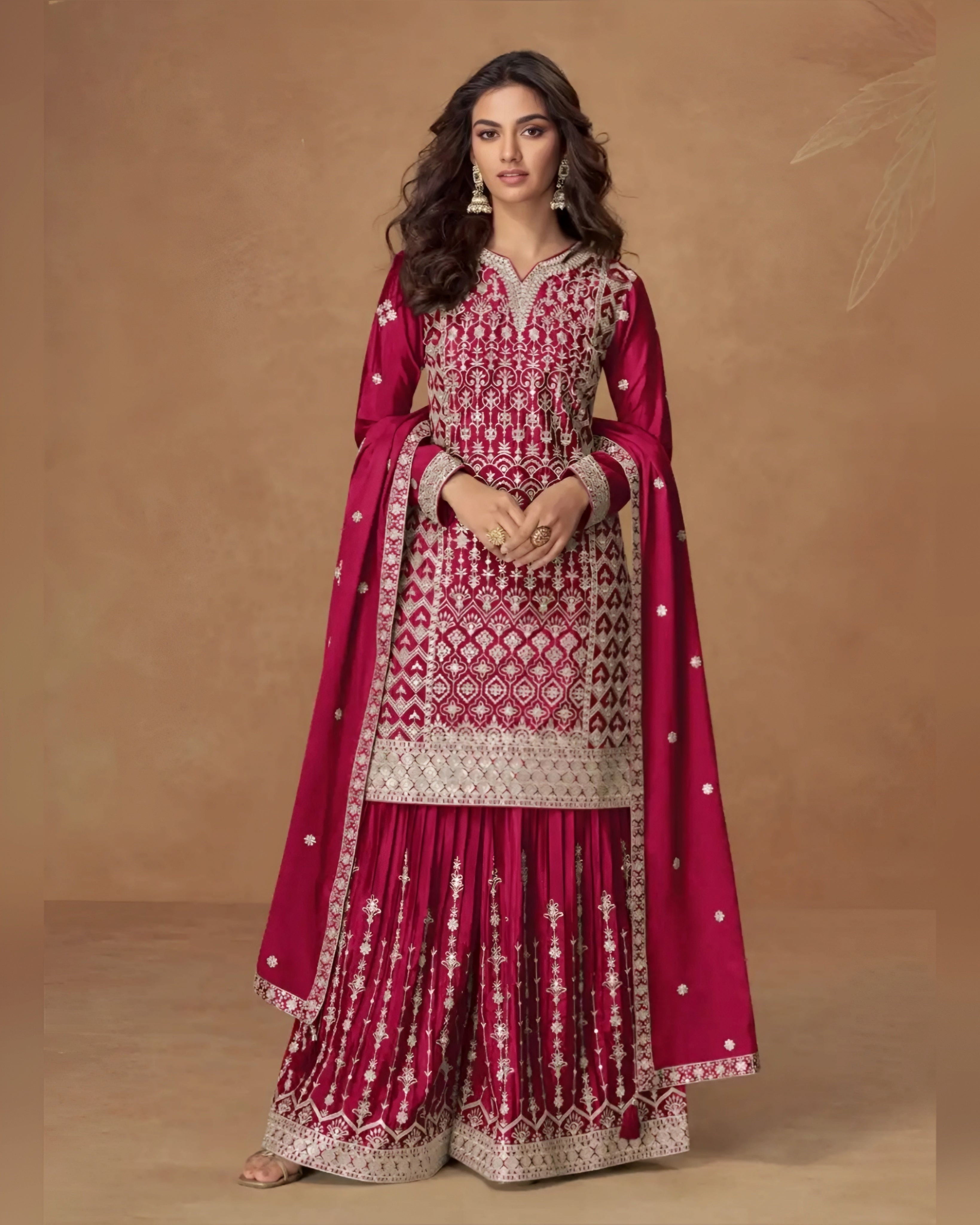 Embroidered Chinon Silk Palazzo Suits Pink