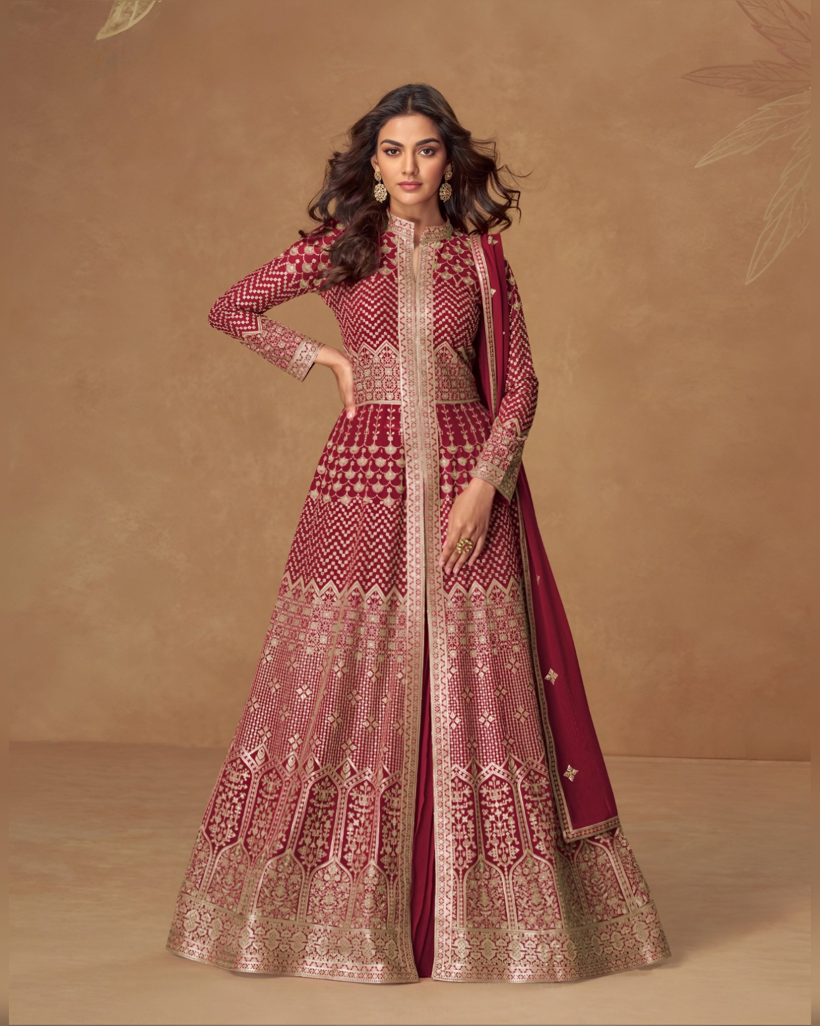 Premium Georgette Embroidered Designer Anarkali Suit  with Skirt Red