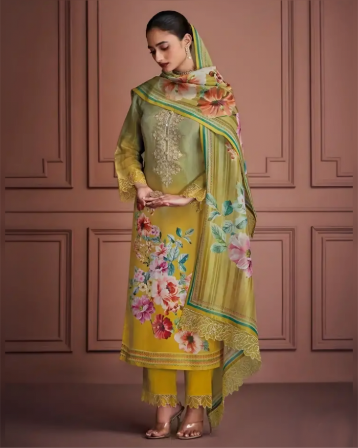 Olive Green & Mustard Yellow Floral Muslin Salwar Suit with Zari Embroidery and Digital Print Dupatta – Salwar Kameez from Sakhi Fashions, P