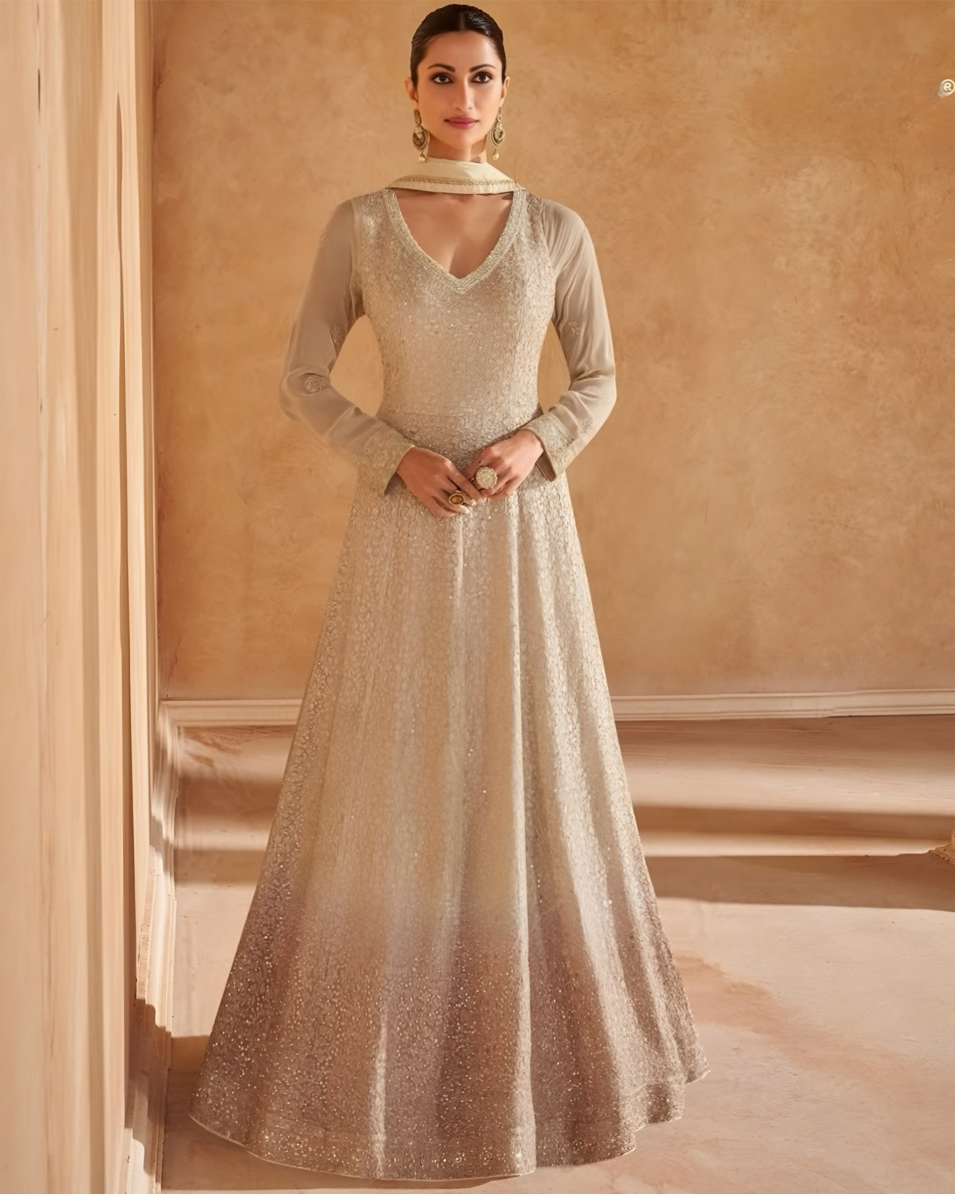 Champagne & Mocha Ombré Georgette Embroidered Gown