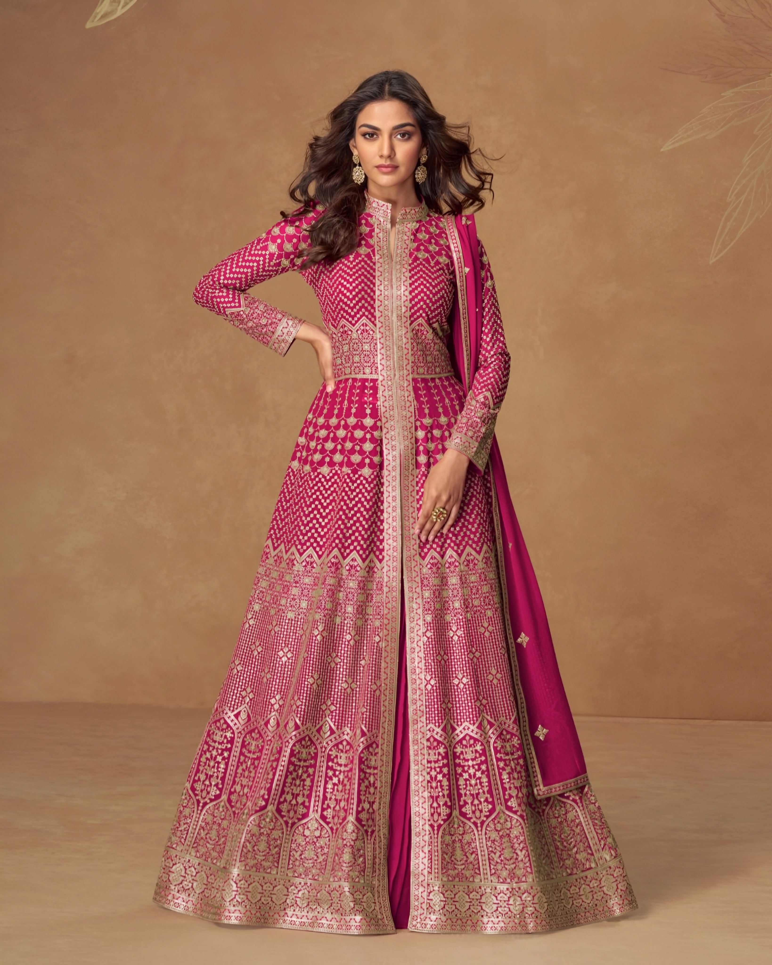 Premium Georgette Embroidered Designer Anarkali Suit  with Skirt Pink