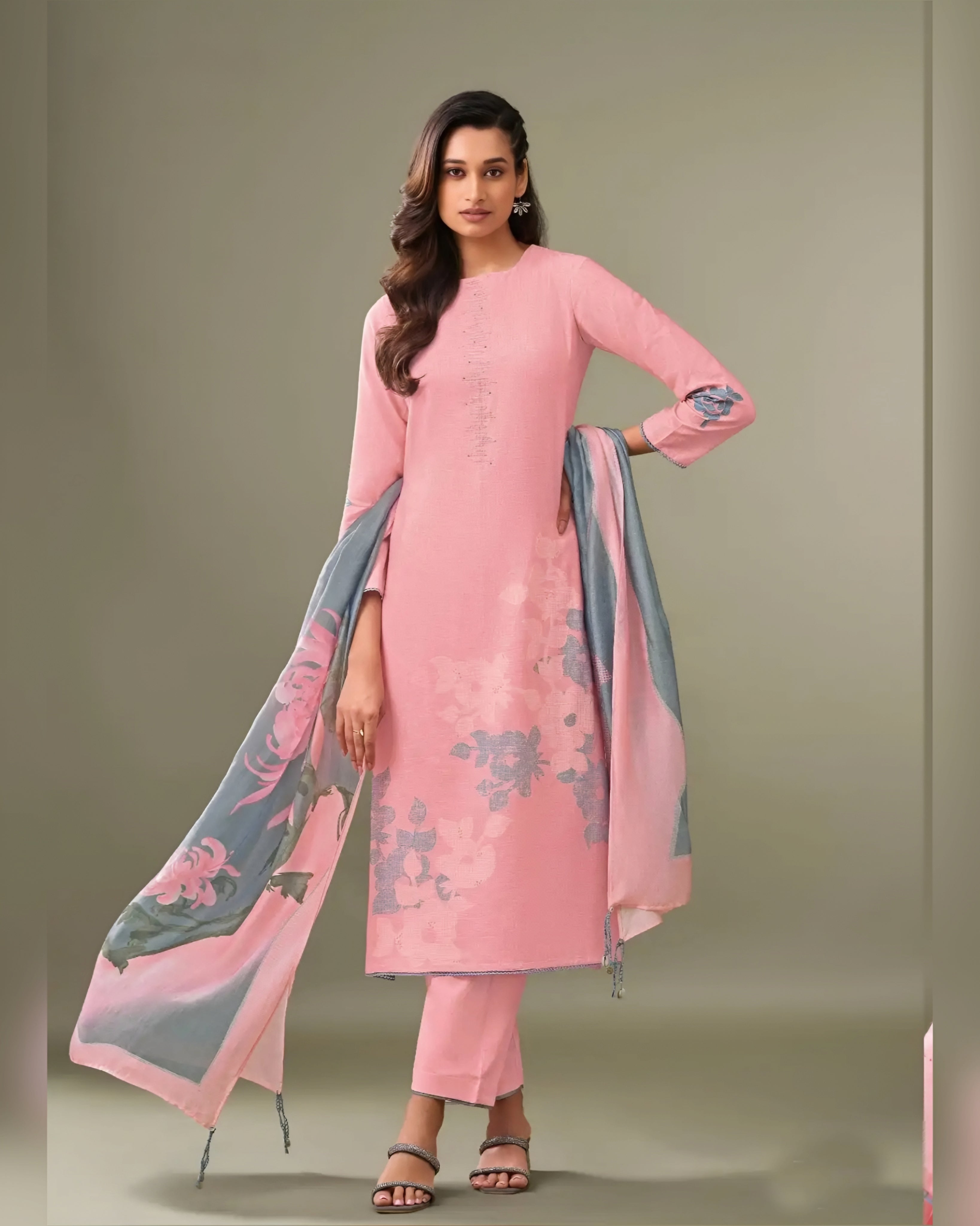 Blush Pink Vintage Linen Salwar Suit with Floral Pine Silk Dupatta
