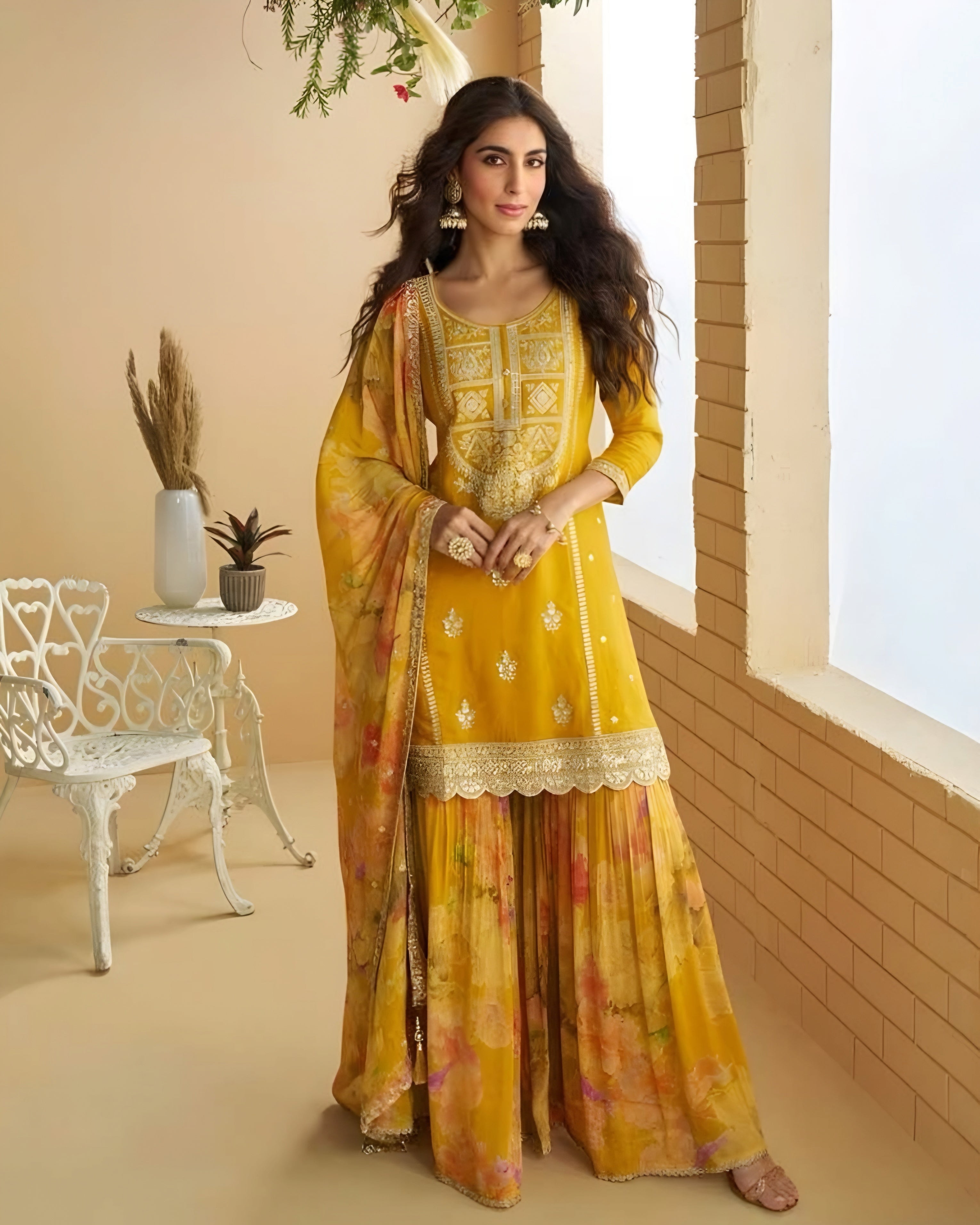 Yellow  Chinon Silk Palazzo Suits