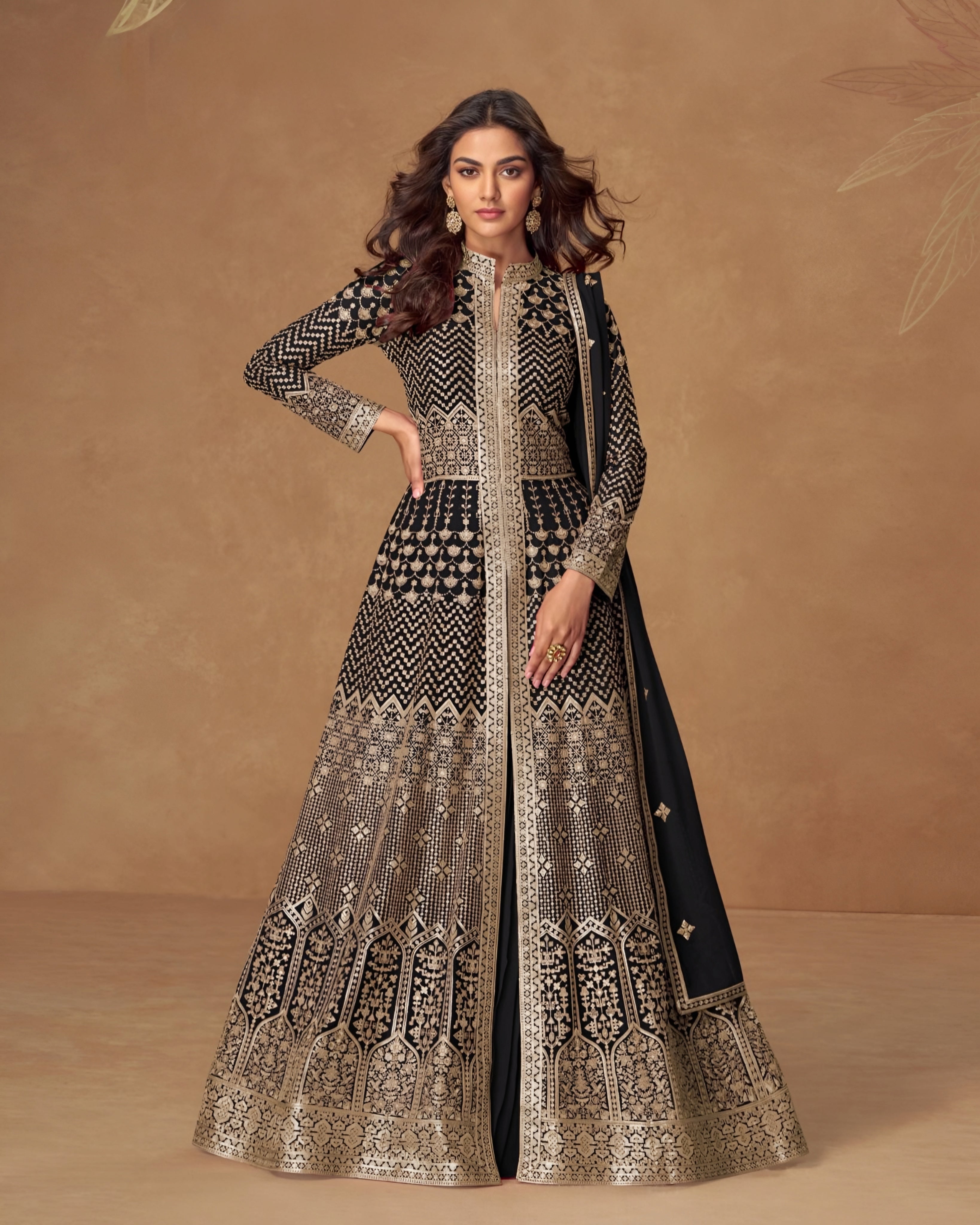 Premium Georgette Embroidered Designer Anarkali Suit  with Skirt Black