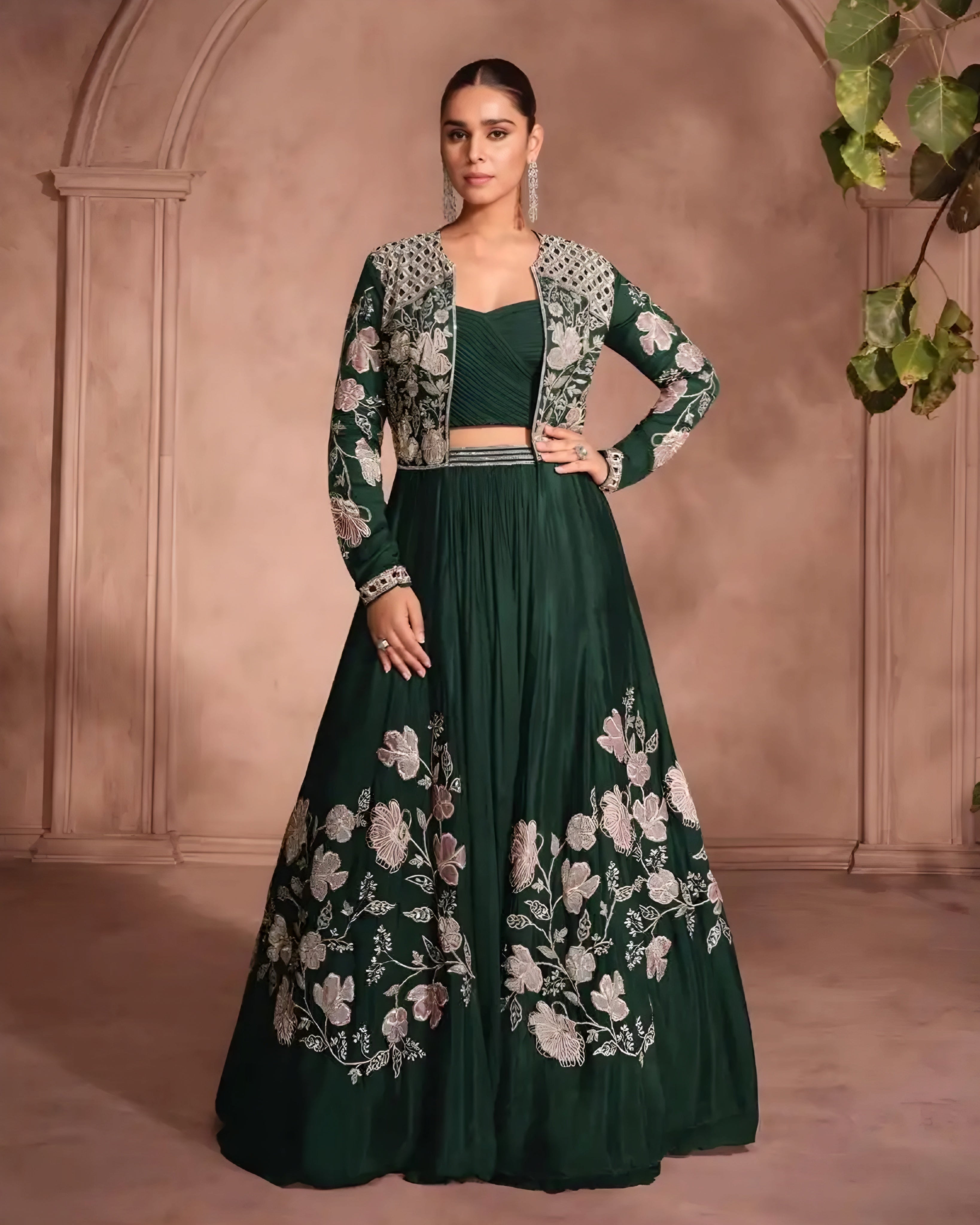 Premium Chinon Silk Embroidered Indo western Lehenga with Shrug