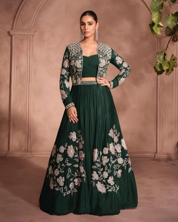 Premium Chinon Silk Embroidered Indo western Lehenga with Shrug | Sakhi Fashions Perth