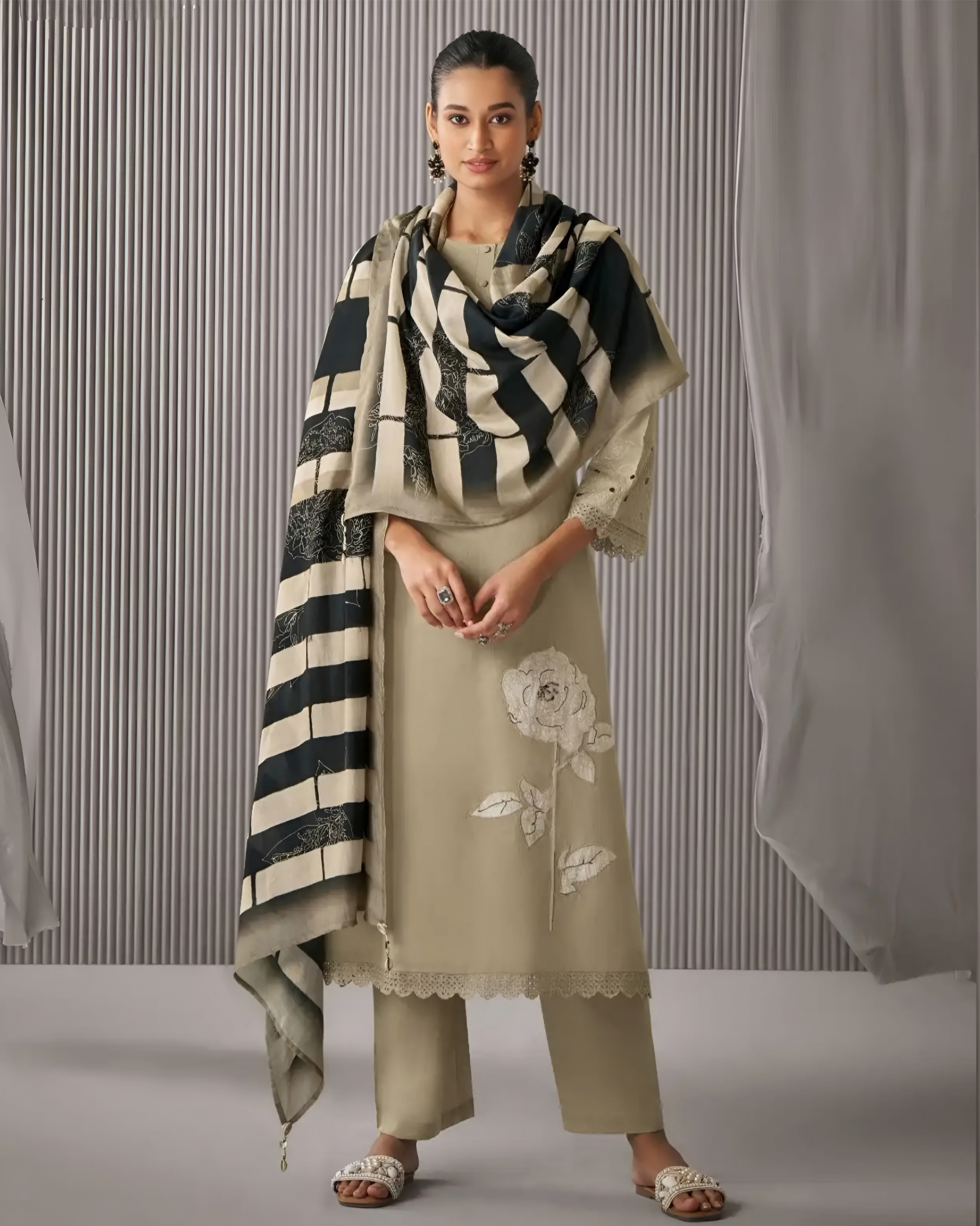 Lawn Cotton Salwar Kameez Hand Embroidered Plus Gray