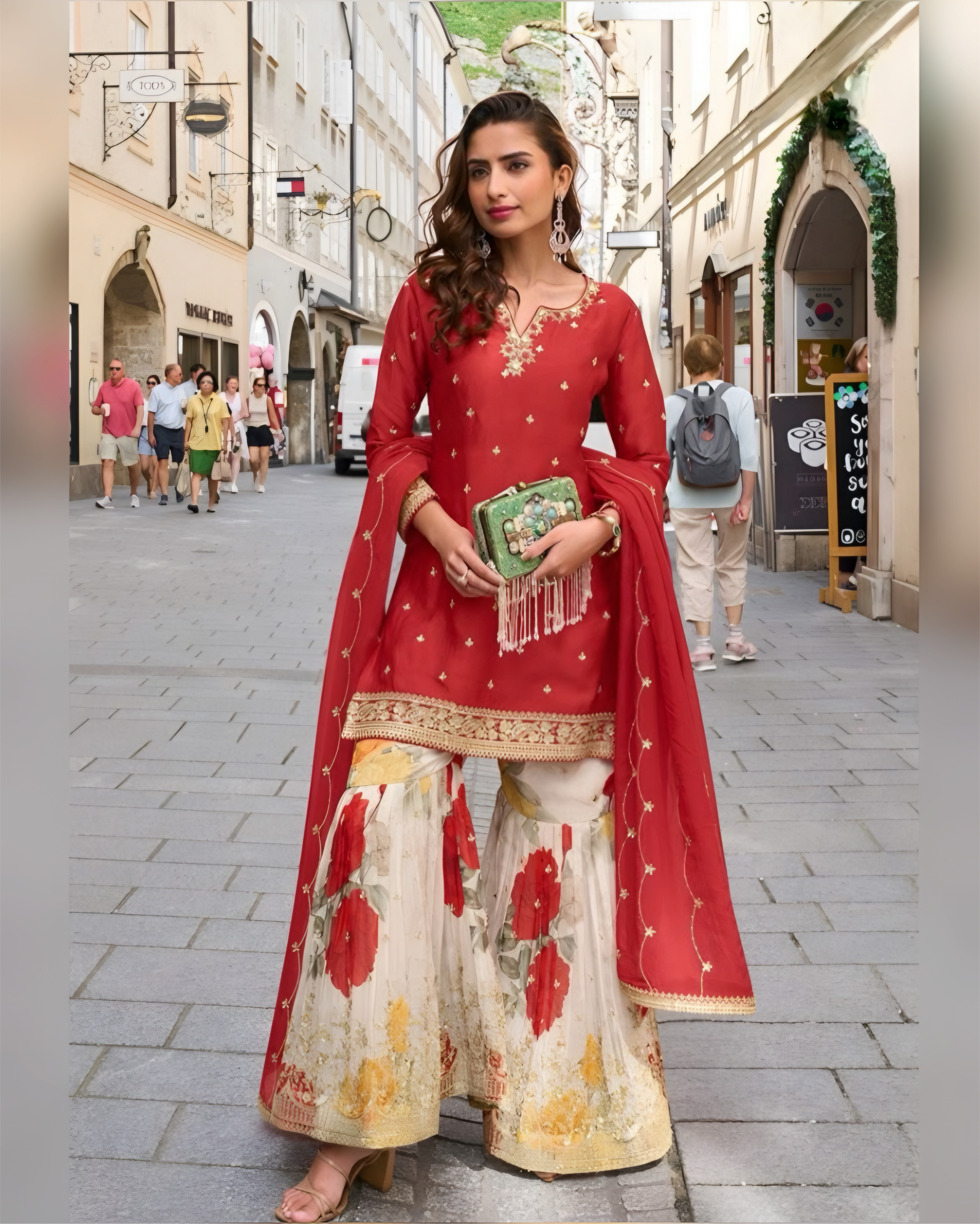 Real Chinon Floral Digital Print Salwar Suits Red