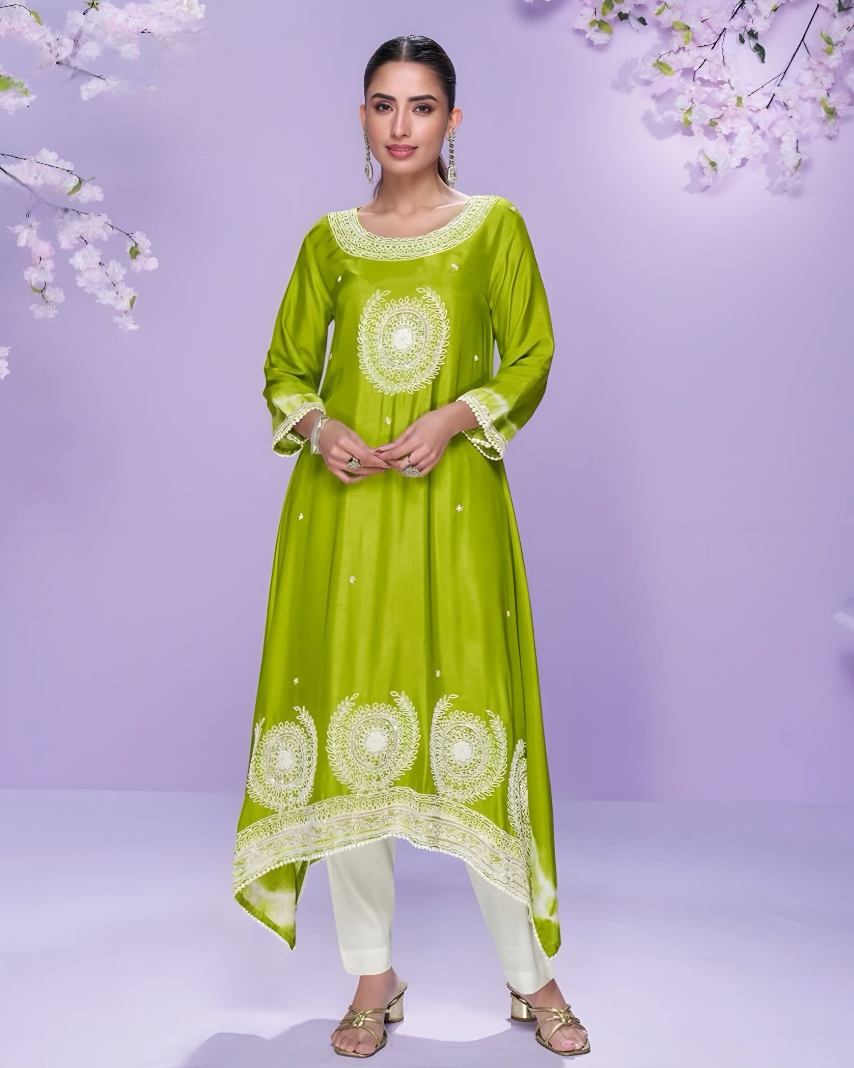Premium Lime Green Silk Kurti Suit with Intricate Embroidery
