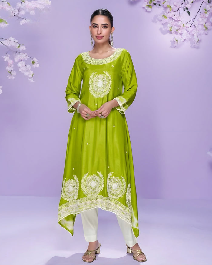 Premium Lime Green Silk Kurti with Intricate Embroidery | Sakhi Fashions Perth
