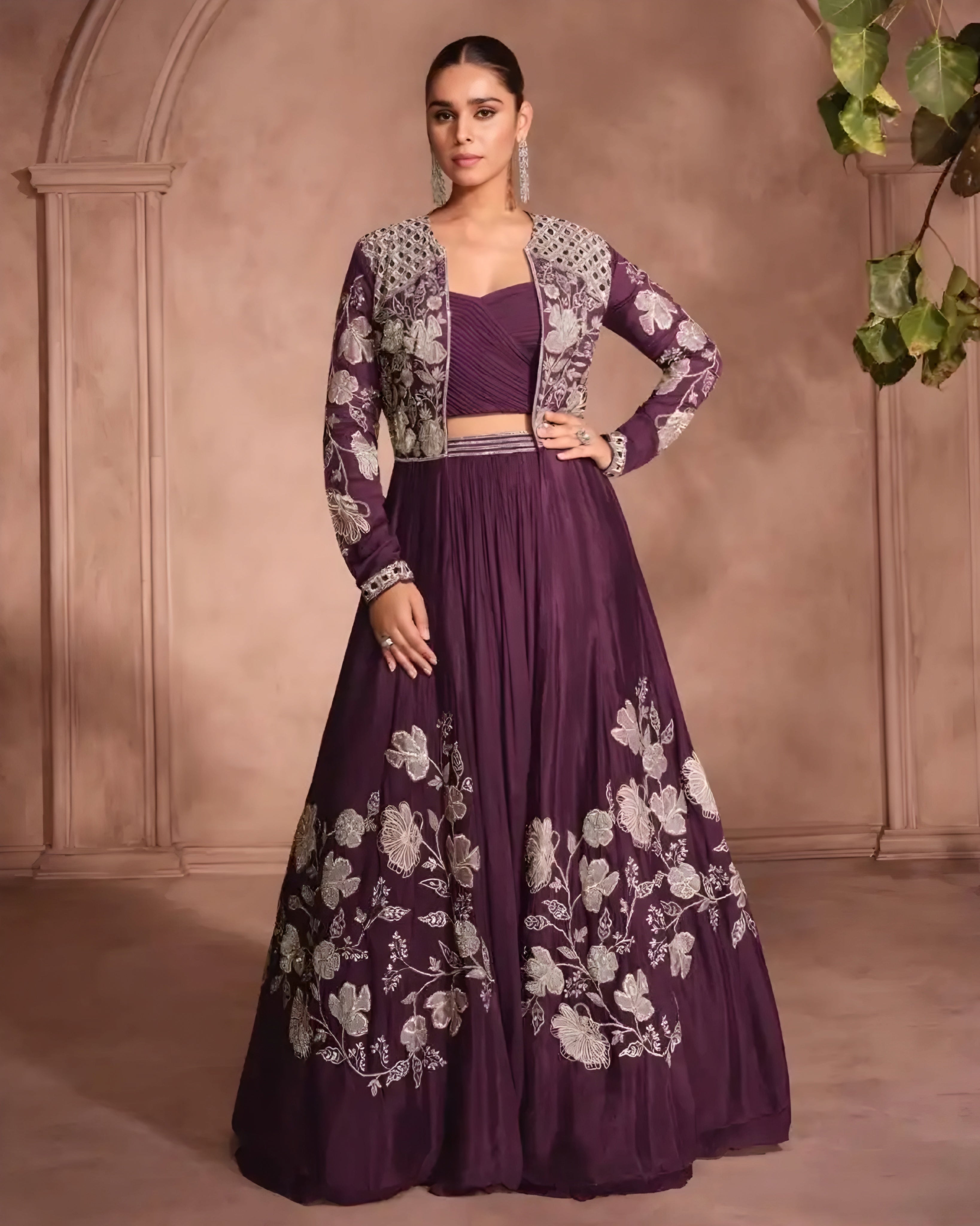 Premium Chinon Silk Embroidered Indo western Lehenga with Shrug