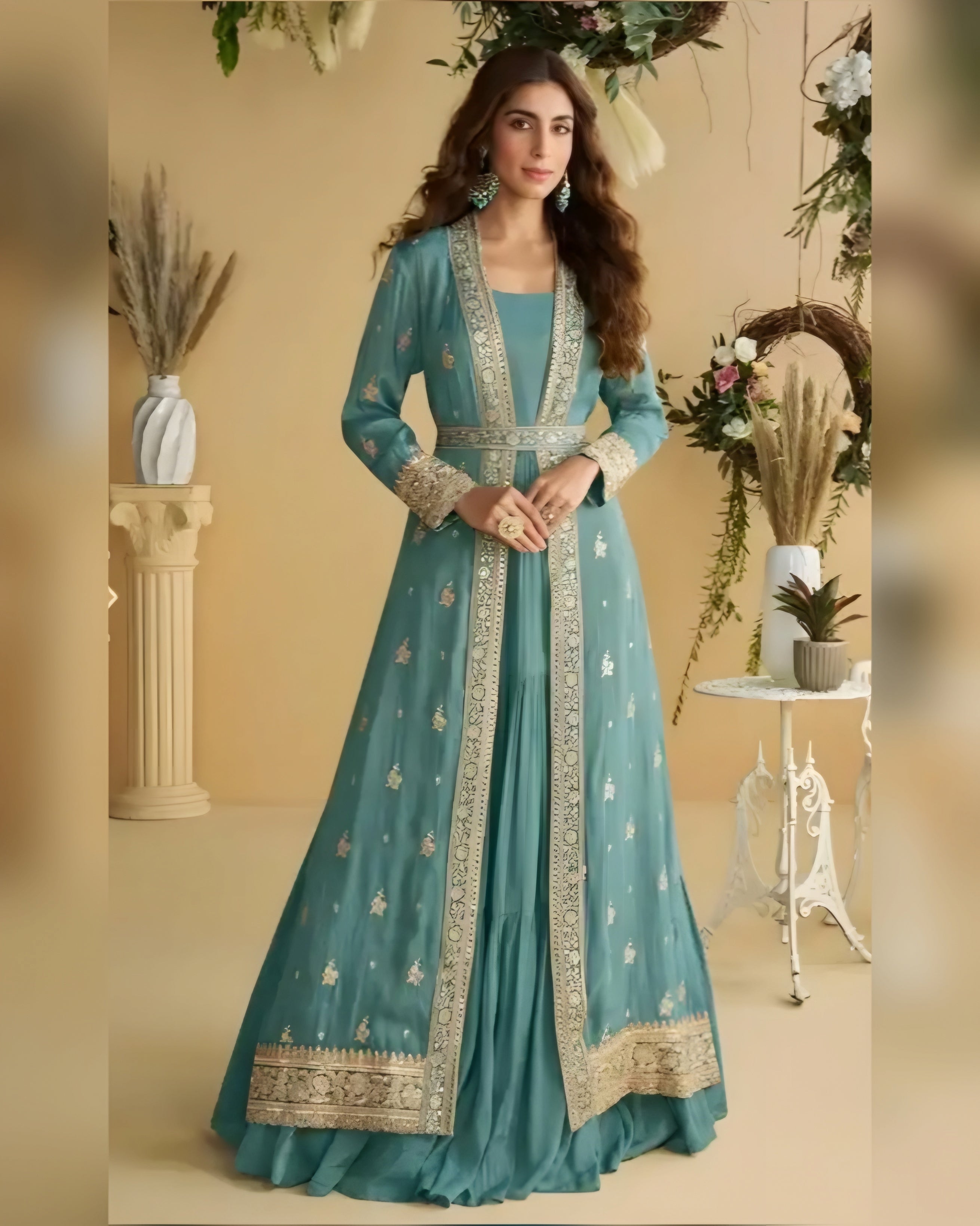 Turquoise Green Chinon Silk Embroidered Indo western Gown with Shrug