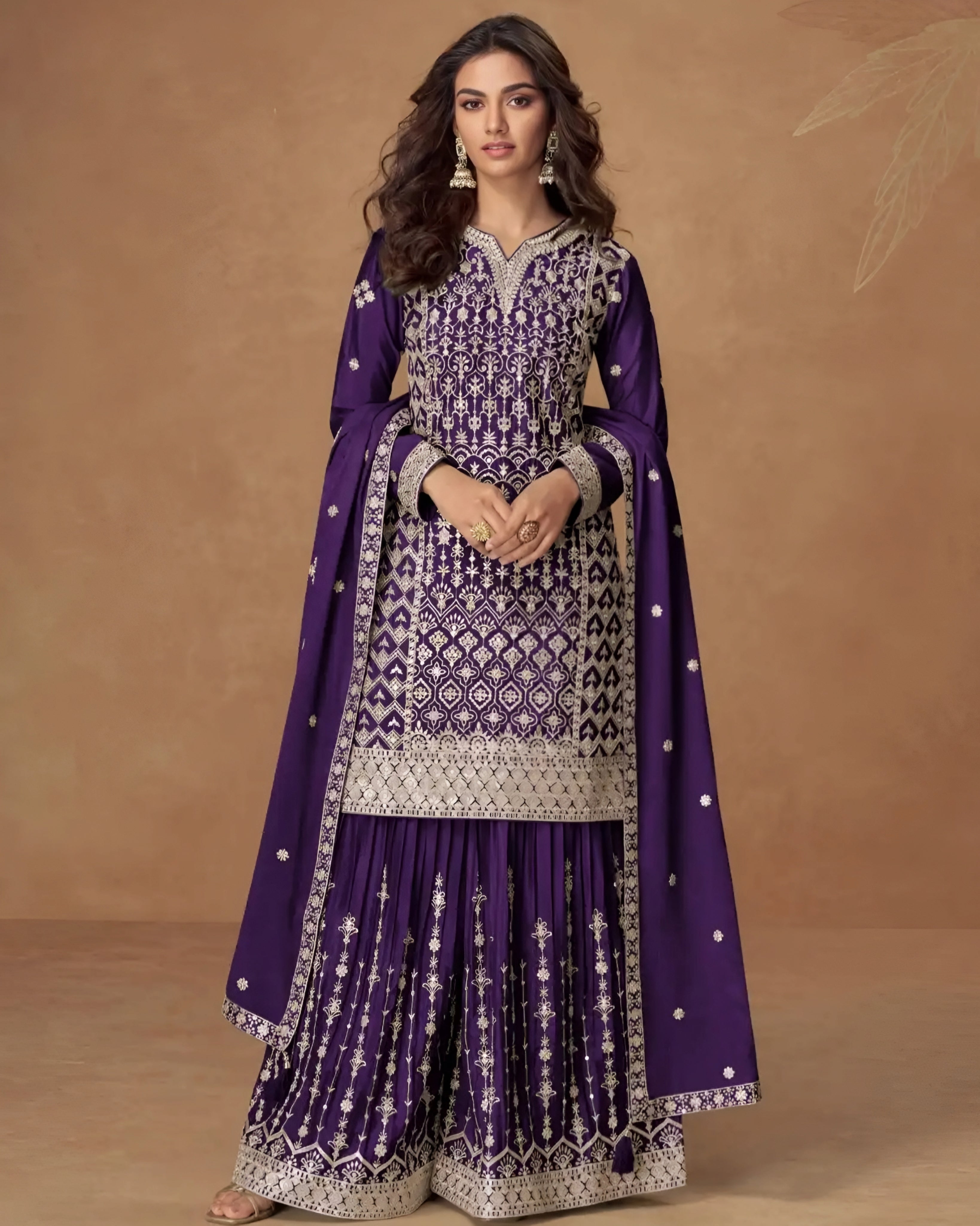 Embroidered Chinon Silk Palazzo Suits Purple