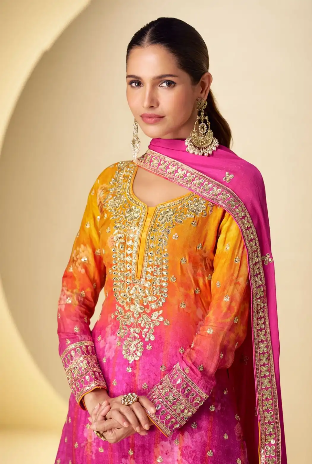 Real Chinon Floral Digital Print Salwar Suits Pink