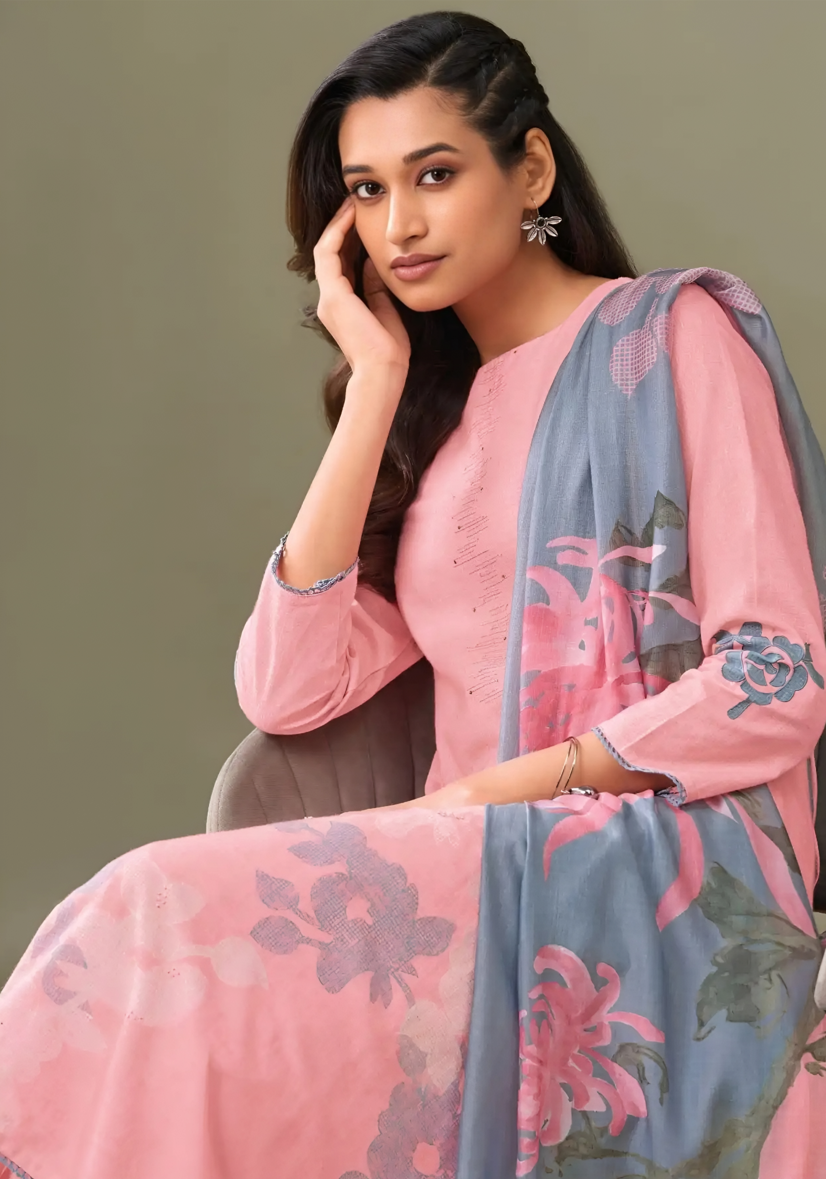 Blush Pink Vintage Linen Salwar Suit with Floral Pine Silk Dupatta