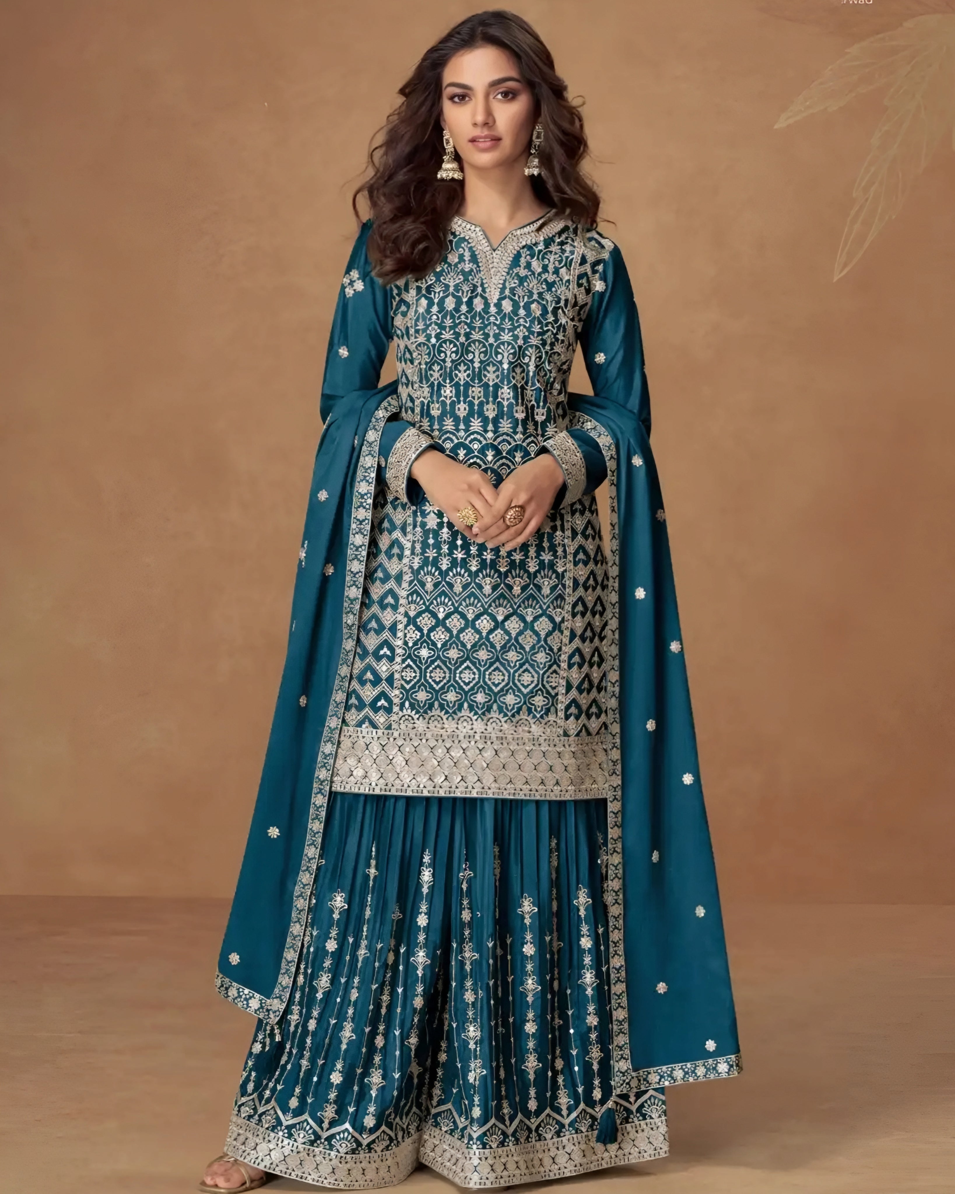 Embroidered Chinon Silk Palazzo Suits Teal