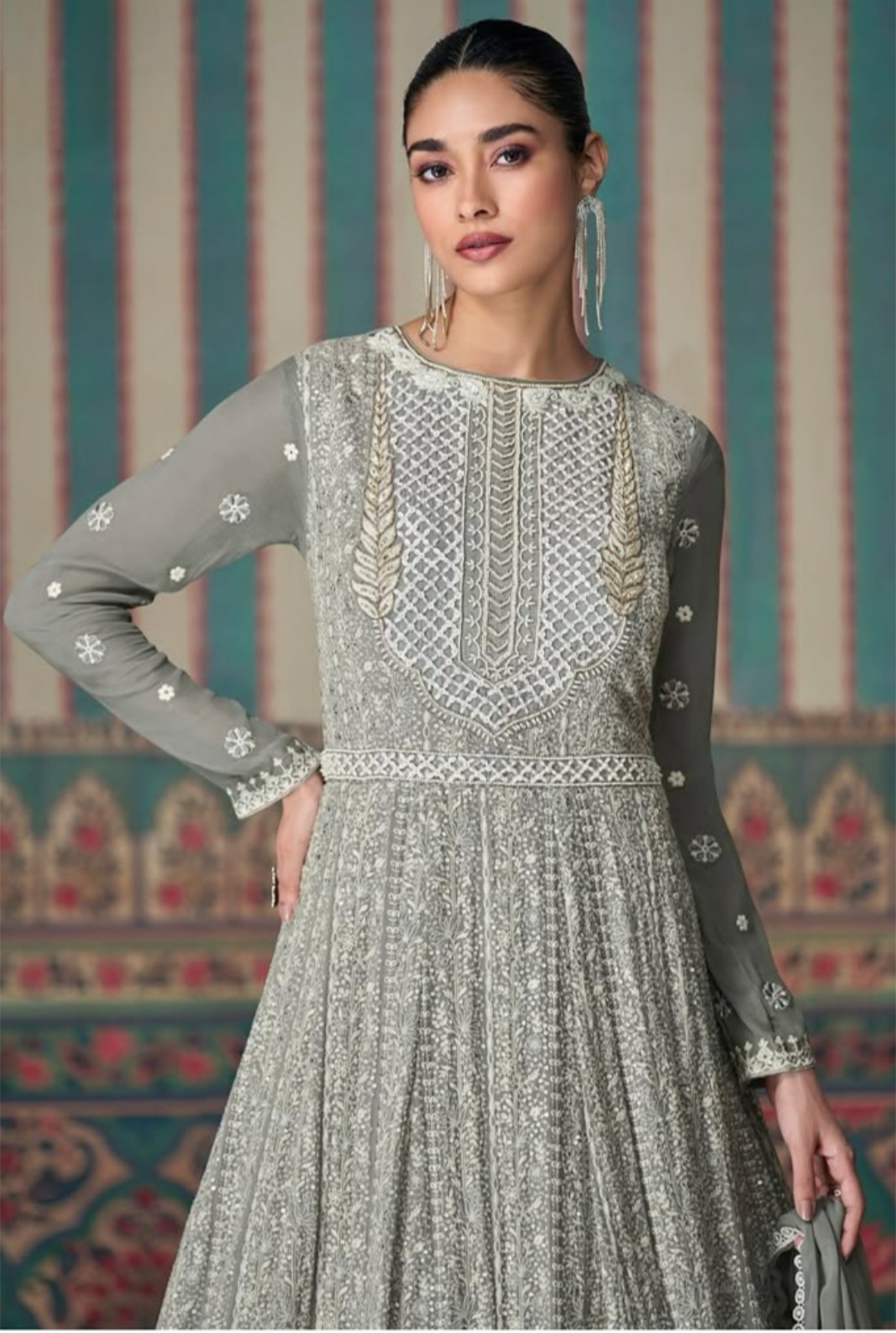 Soft Pastel Grey Georgette Embroidered Anarkali Gown