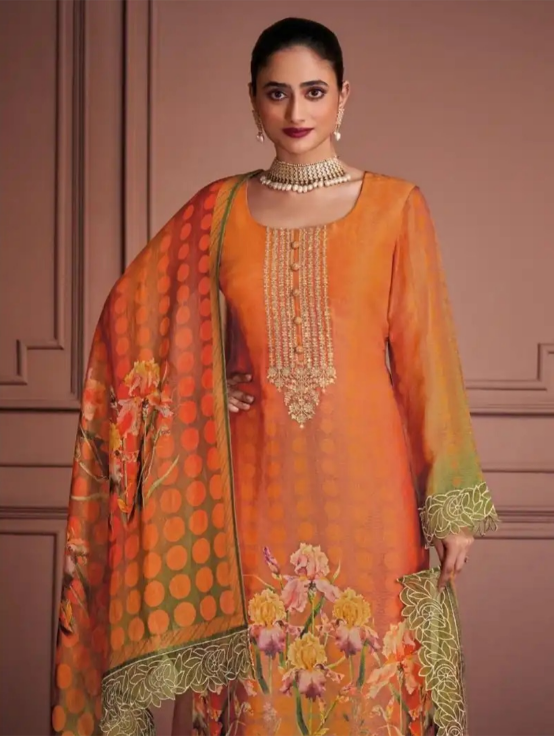 Orange and Olive Muslin Designer Salwar Suits with Digital Printed Dupatta – image 2 of 2