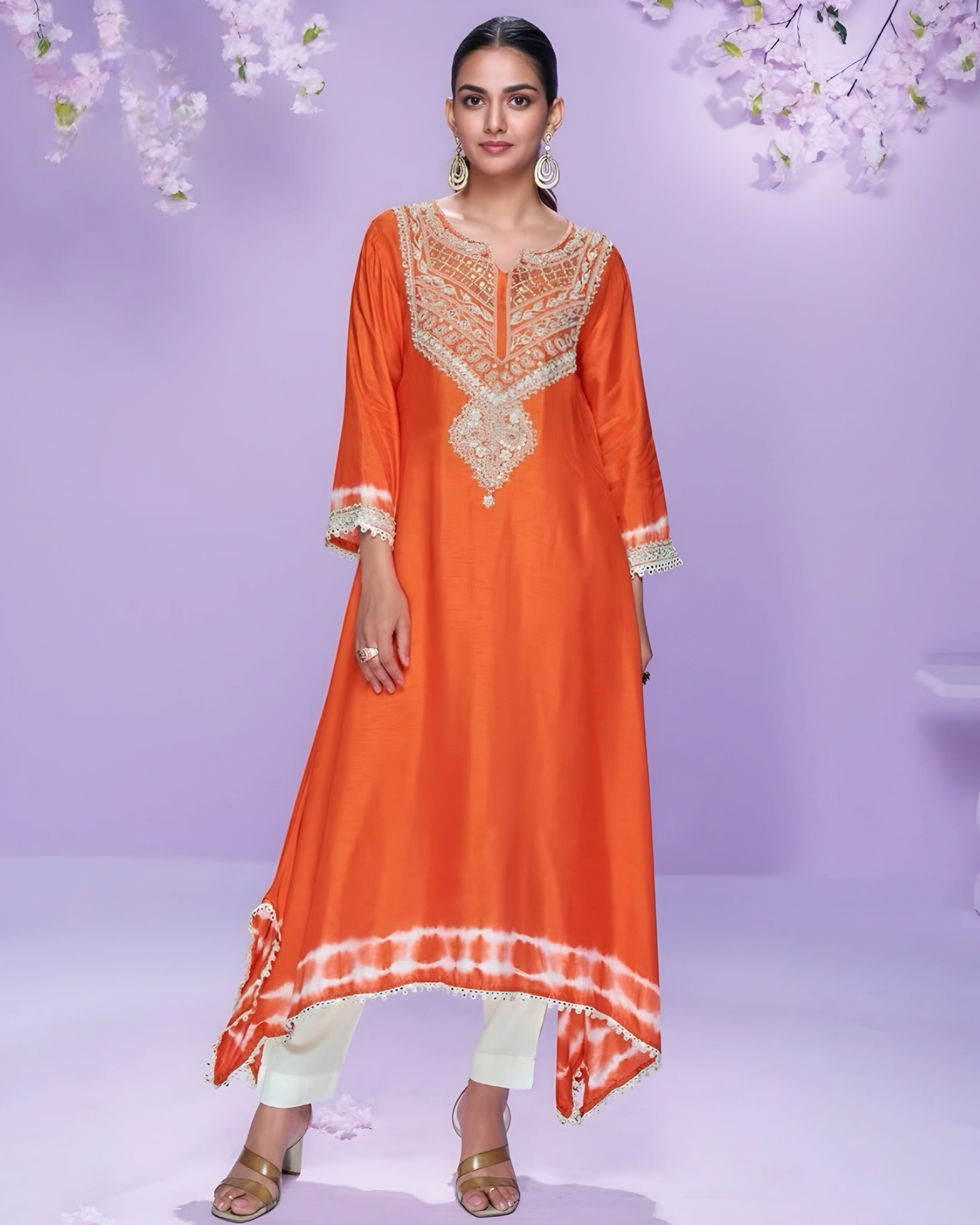 Premium Orange Silk Kurti Suit with Intricate Embroidery